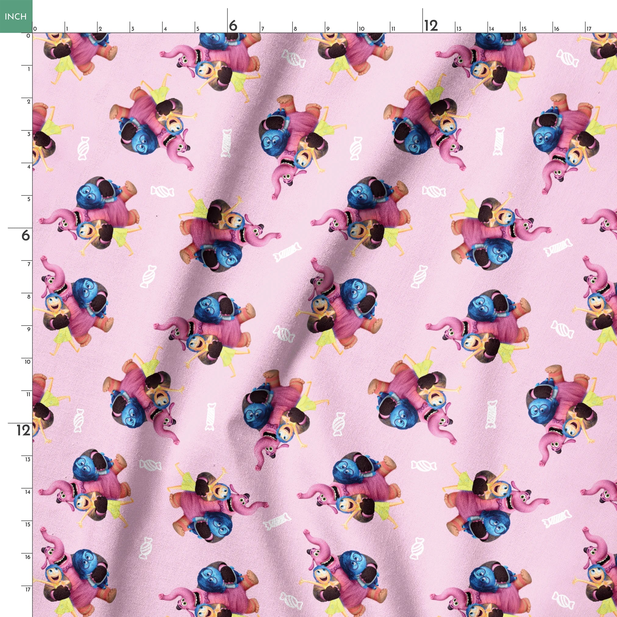 Repeating pattern of Inside Out characters on a lavender background springs ruler 18x18