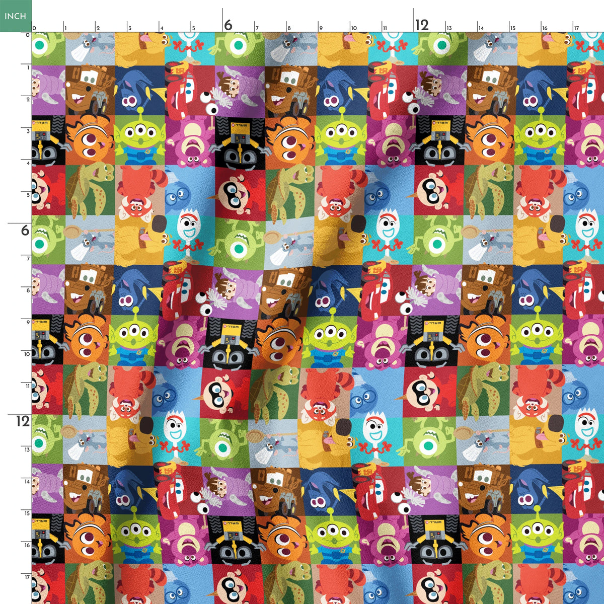 Grid of stylized Disney/Pixar characters including Mike Wazowski, Nemo, Wall-E, Lightning McQueen, Dory, and others in colorful squares springs ruler 18x18
