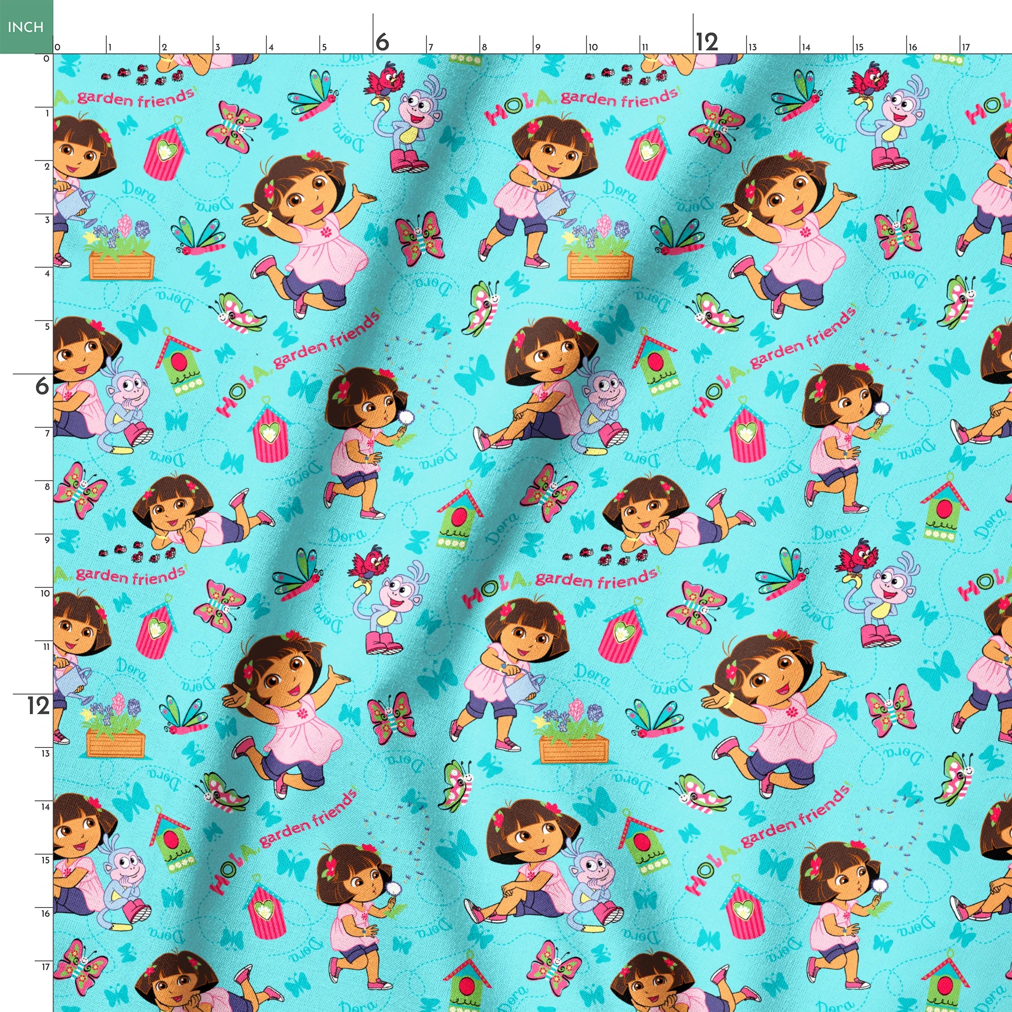 Colorful Dora the Explorer pattern on light blue background springs ruler 18x18