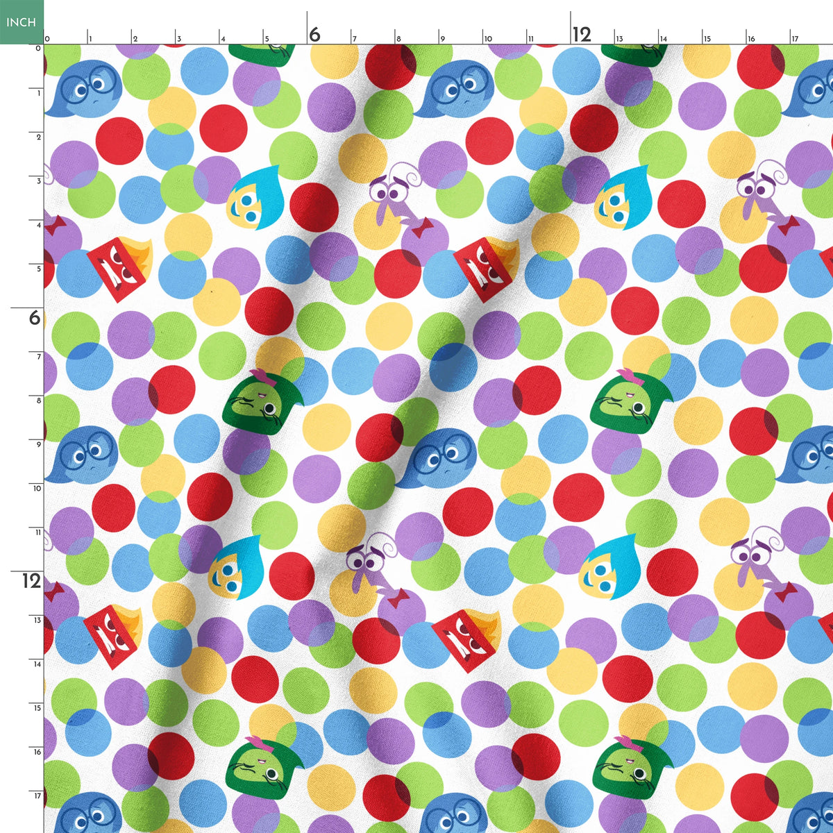 Colorful pattern with Inside Out characters scattered among multicolored polka dots springs ruler 18x18
