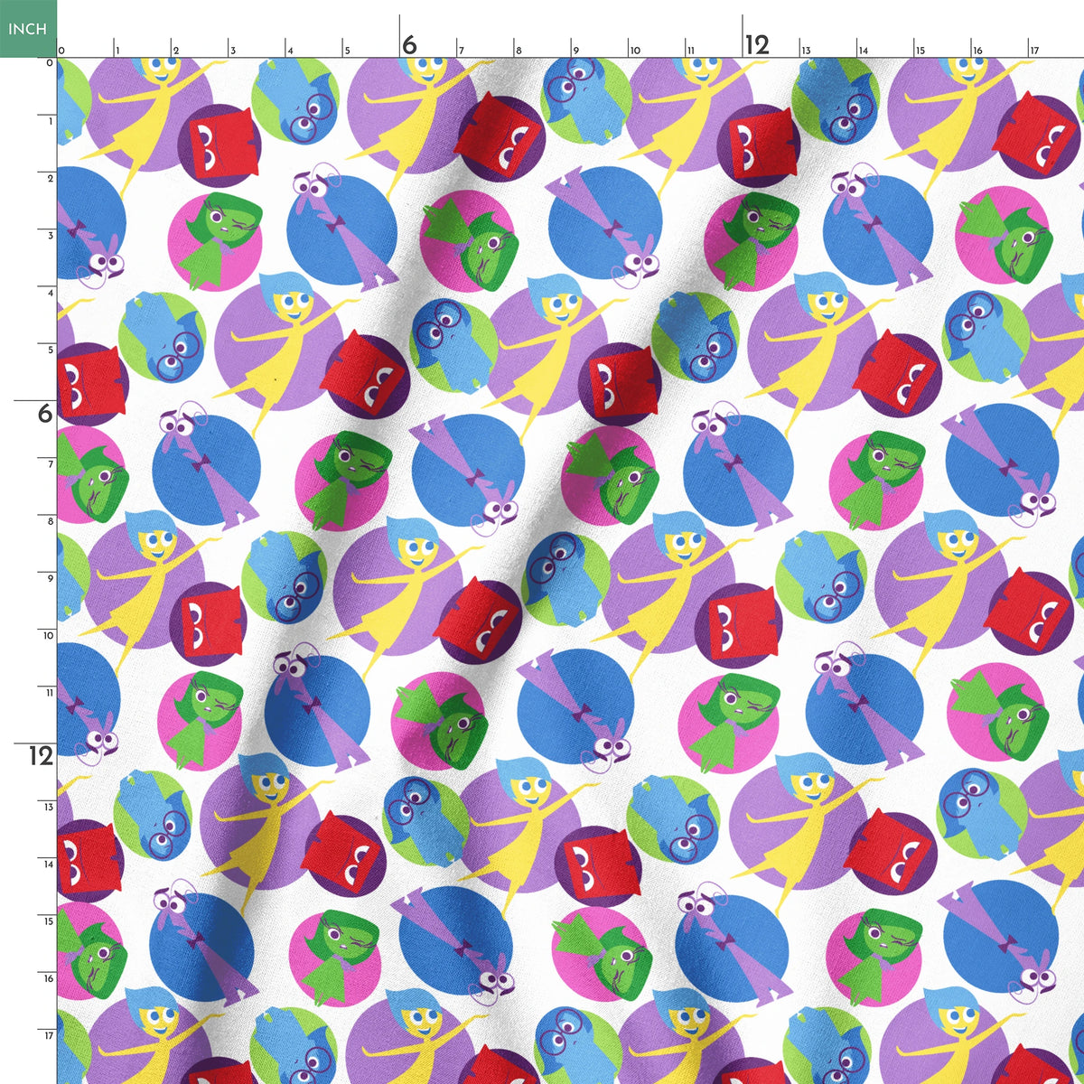 Colorful pattern of Inside Out characters with expressive eyes in overlapping purple, blue, red, and green circles springs ruler 18x18