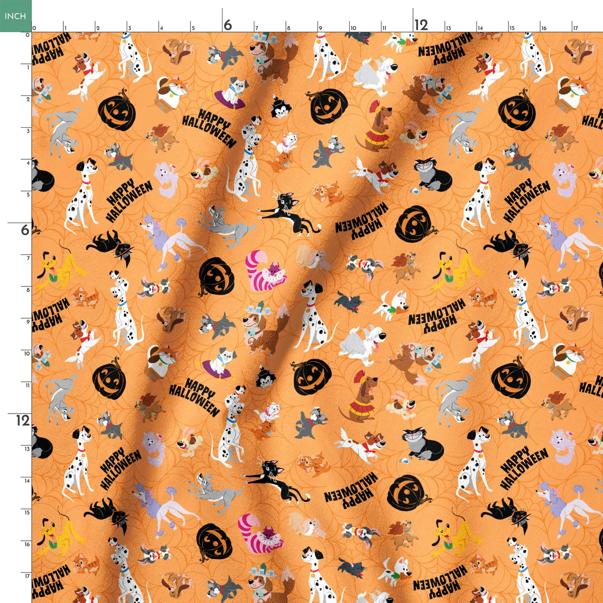 Cartoon dogs in Halloween pattern with pumpkins and "Happy Halloween" text on orange background springs ruler 18x18