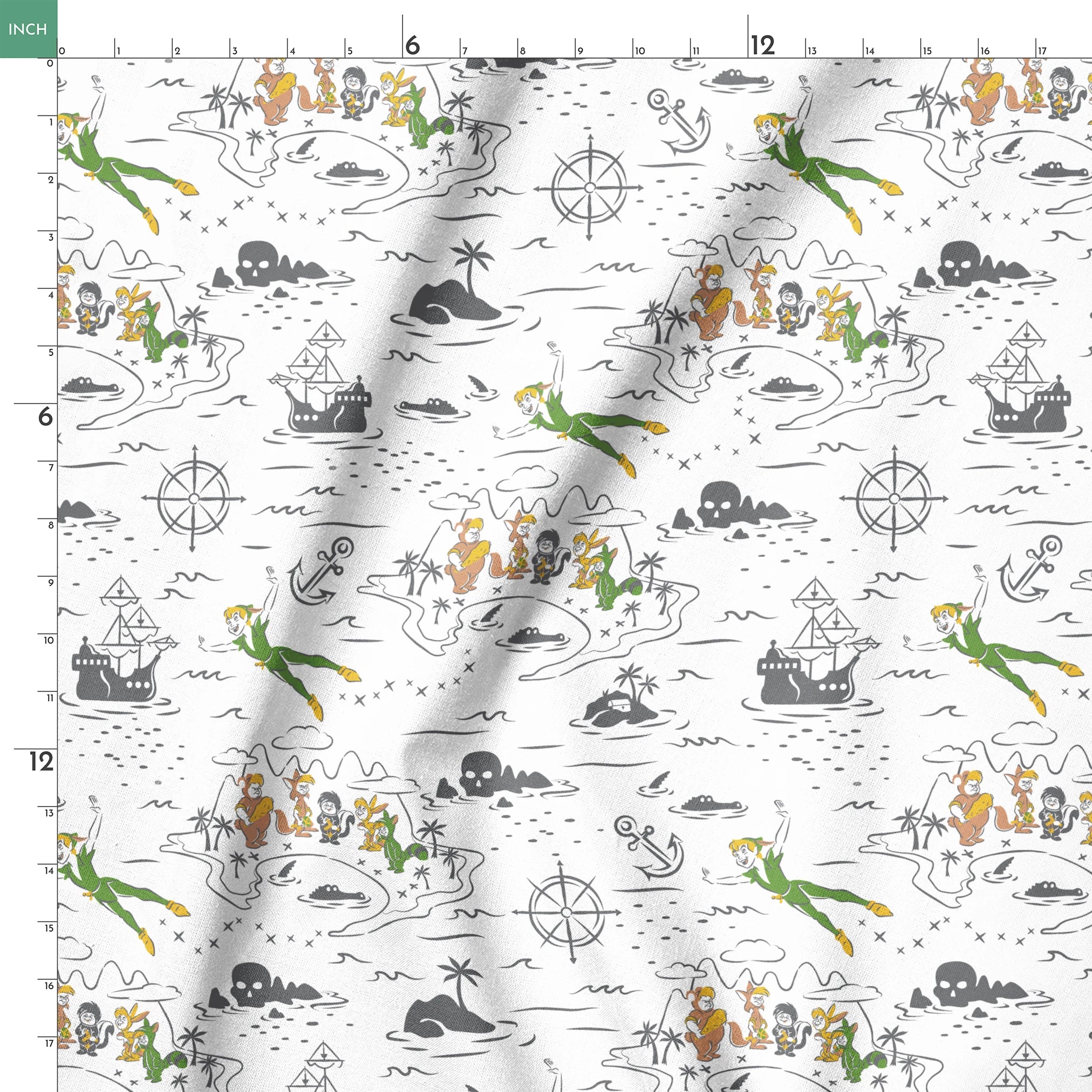 Peter Pan-inspired pattern with islands, ships, mermaids, compass roses, and pirate symbols in green, orange, and gray on white background springs ruler 18x18