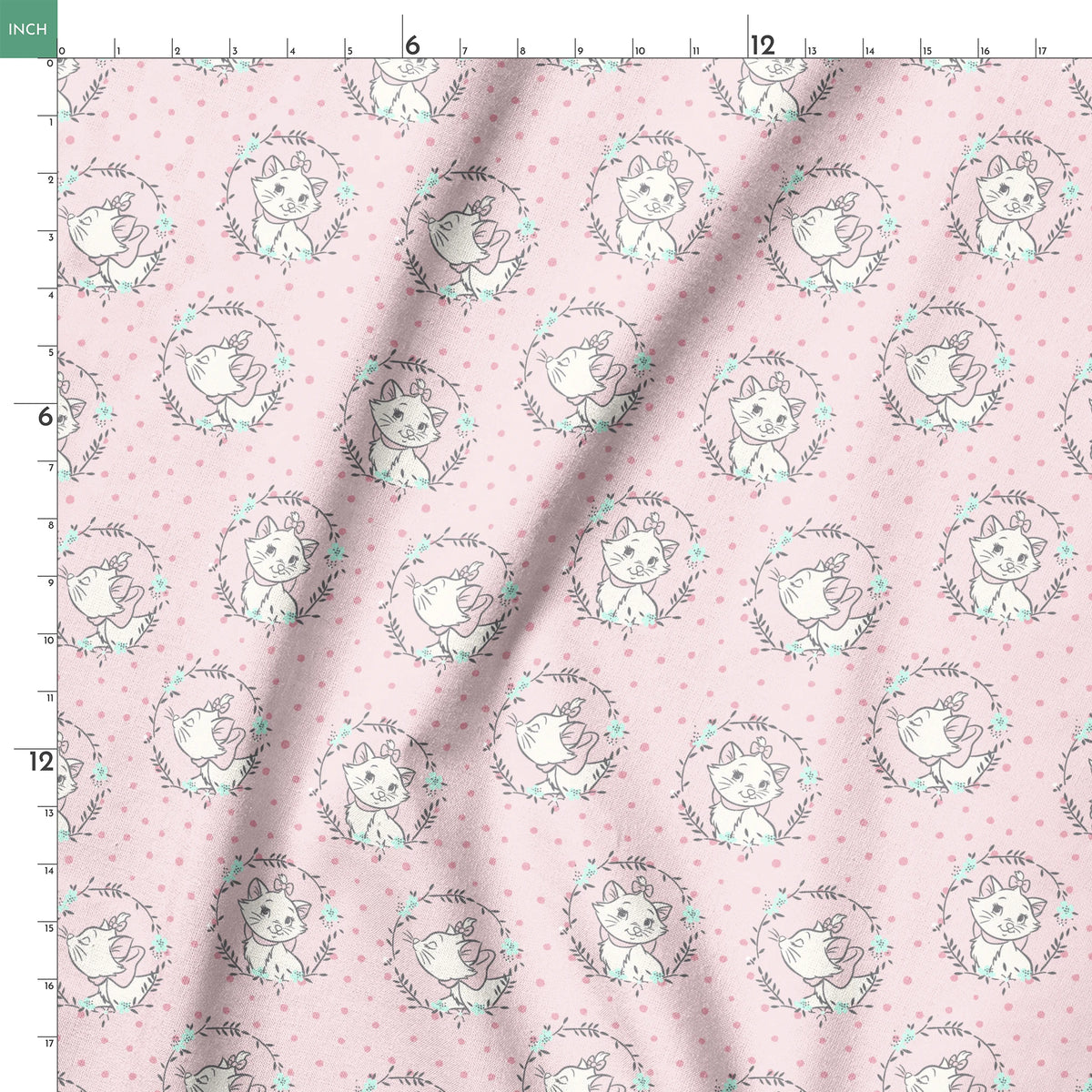 White cartoon cats in floral wreaths on pink polka dot background, seamless pattern springs ruler 18x18