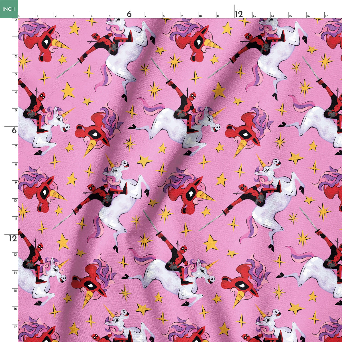 Cartoon character in red riding white unicorns with purple manes against pink starry background springs ruler 18x18