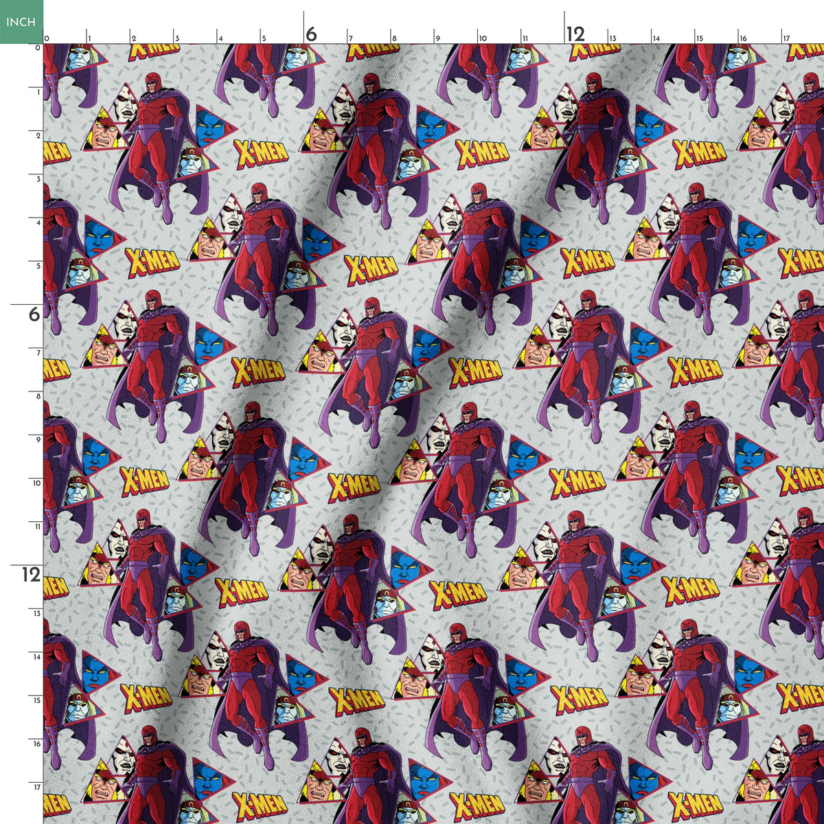 X-Men comic pattern with Magneto in purple and red costume against gray background with character portraits springs ruler 18x18