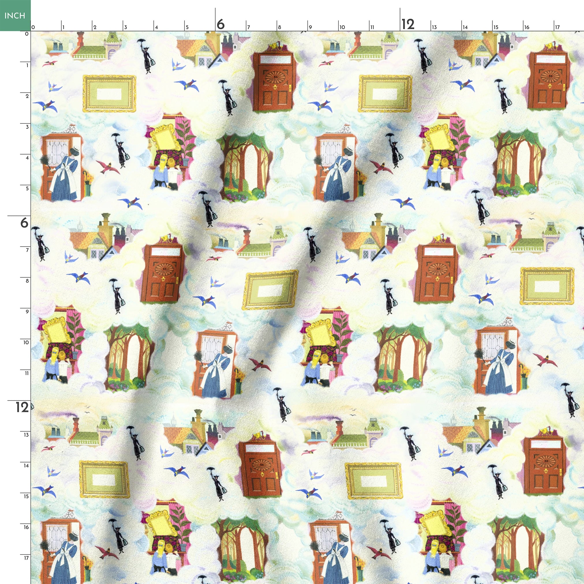 Whimsical pattern with colorful illustrated doorways, frames, and Mary Poppins with umbrellas on a pale blue background springs ruler 18x18