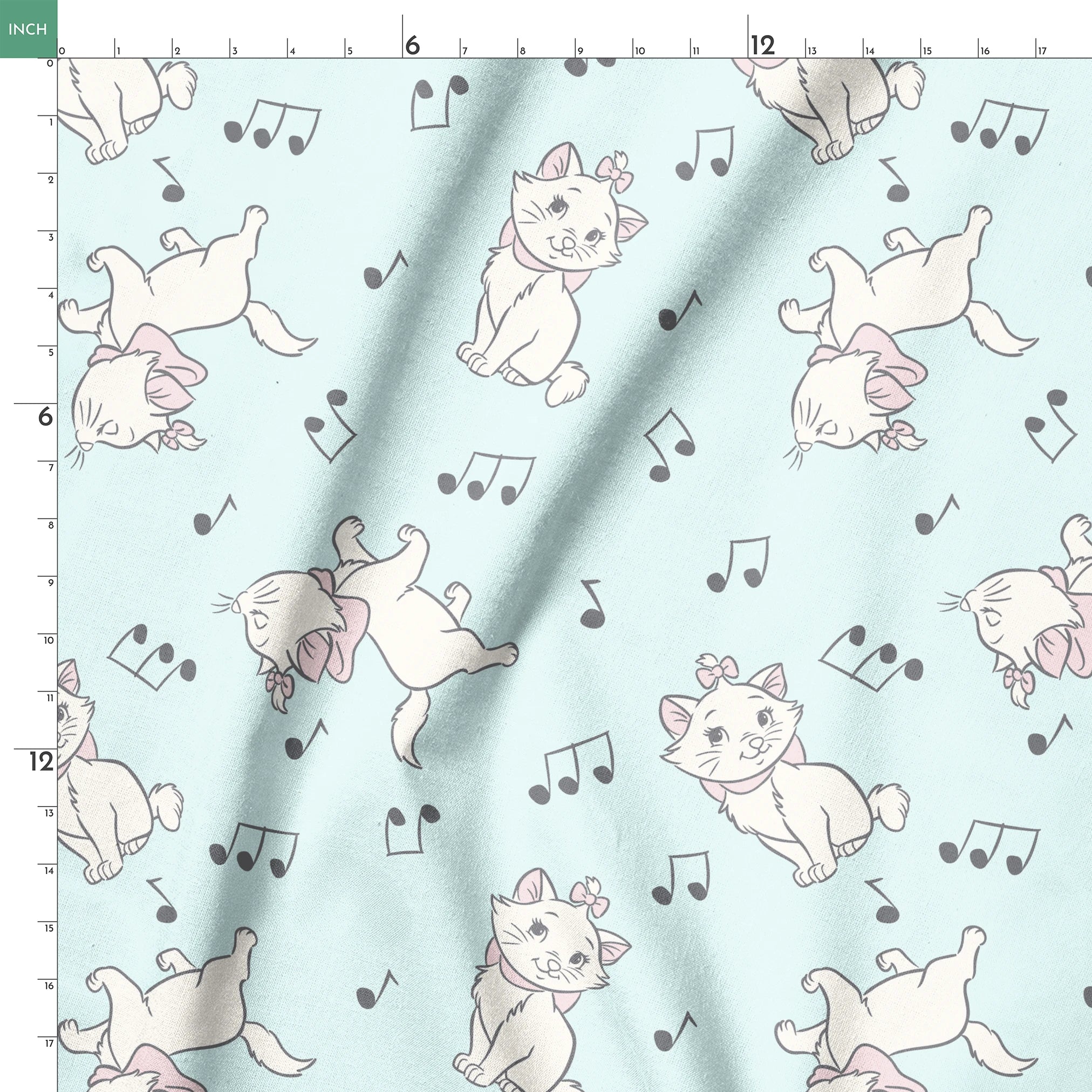 White kittens with pink bows playing among musical notes on a light mint background springs ruler 18x18