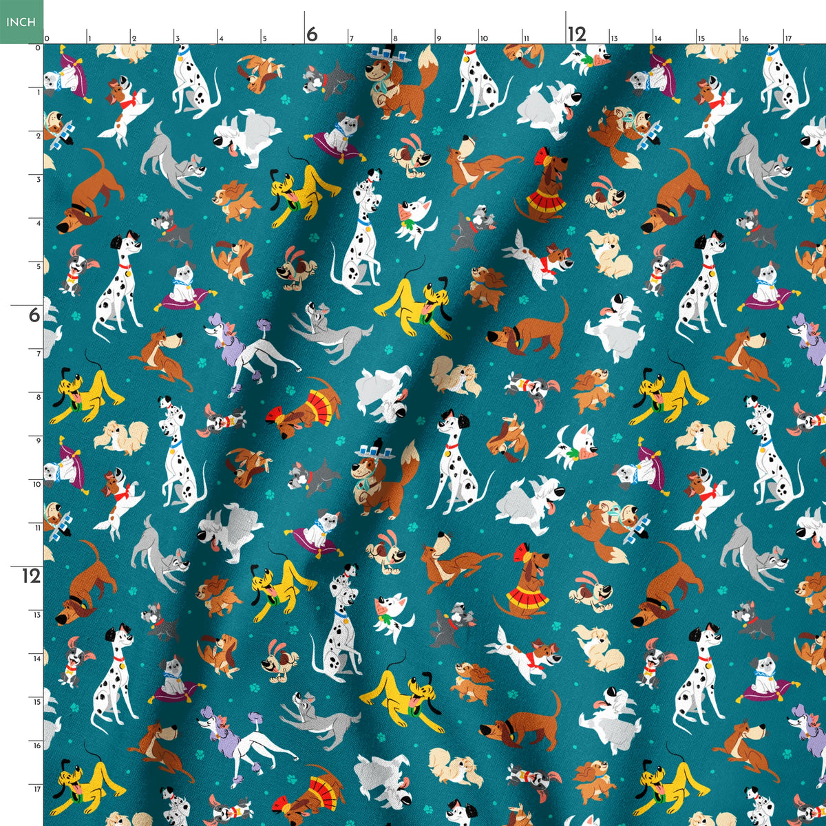 Teal pattern featuring Disney cartoon dogs like Dalmatians, Pluto, Lady and the Tramp, Copper, and other animated pups. springs ruler 18x18