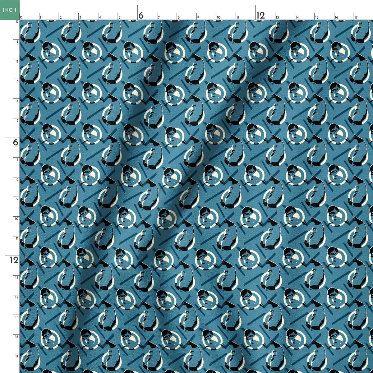 Stylized Mr. Incredible in blue and black with raised fist against geometric circular background springs ruler 18x18