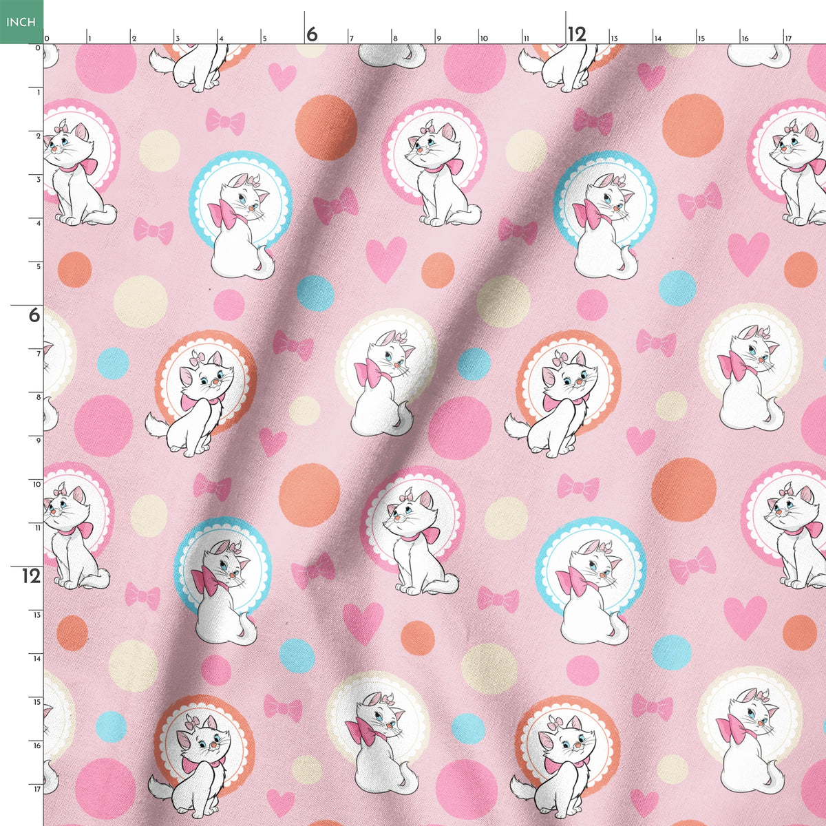 Marie from The Aristocats with pink bows in decorative circular frames on pink polka dot background with bow motifs springs ruler 18x18