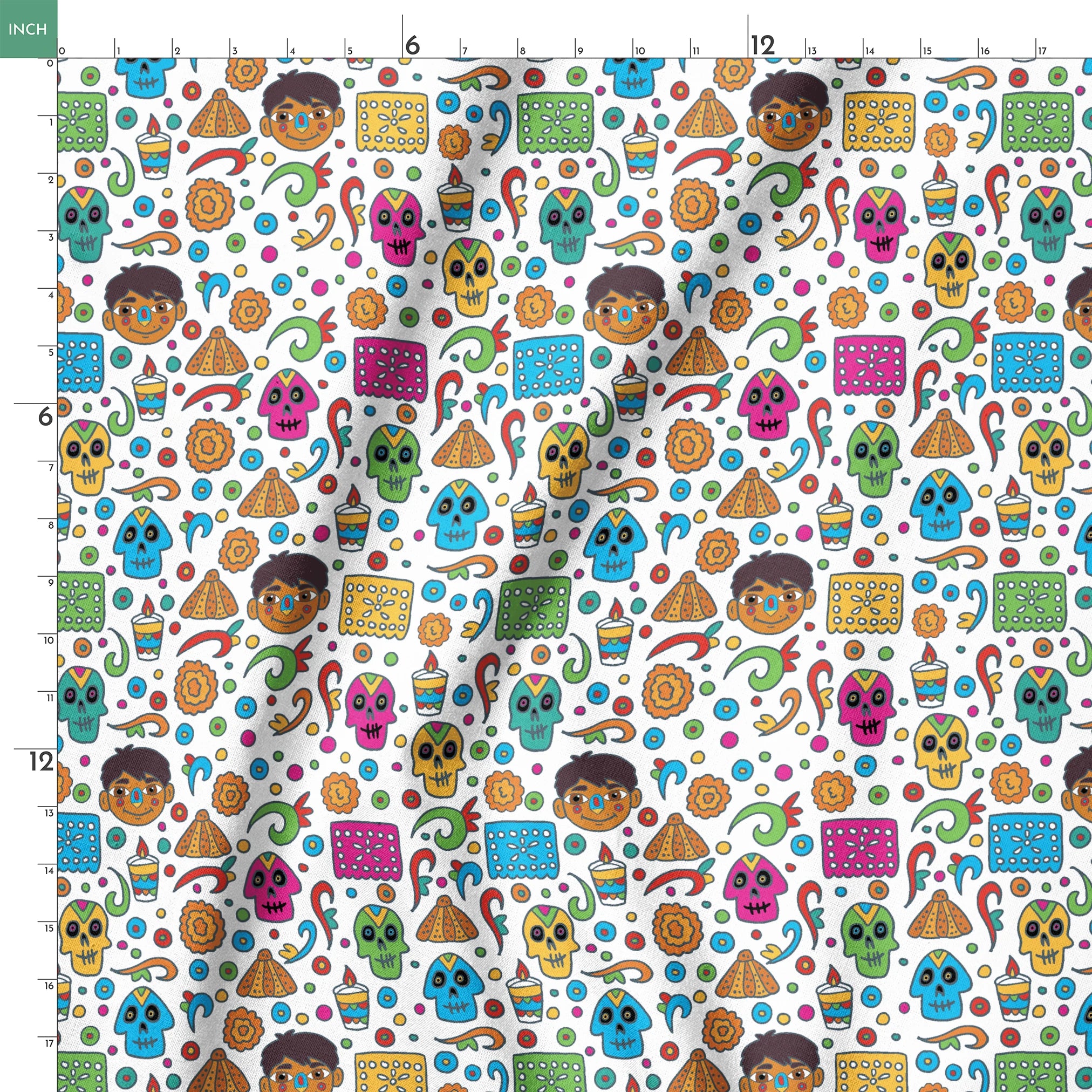 Colorful Coco pattern with sugar skulls, pyramids, swirls, flowers, and cartoon characters on white background springs ruler 18x18