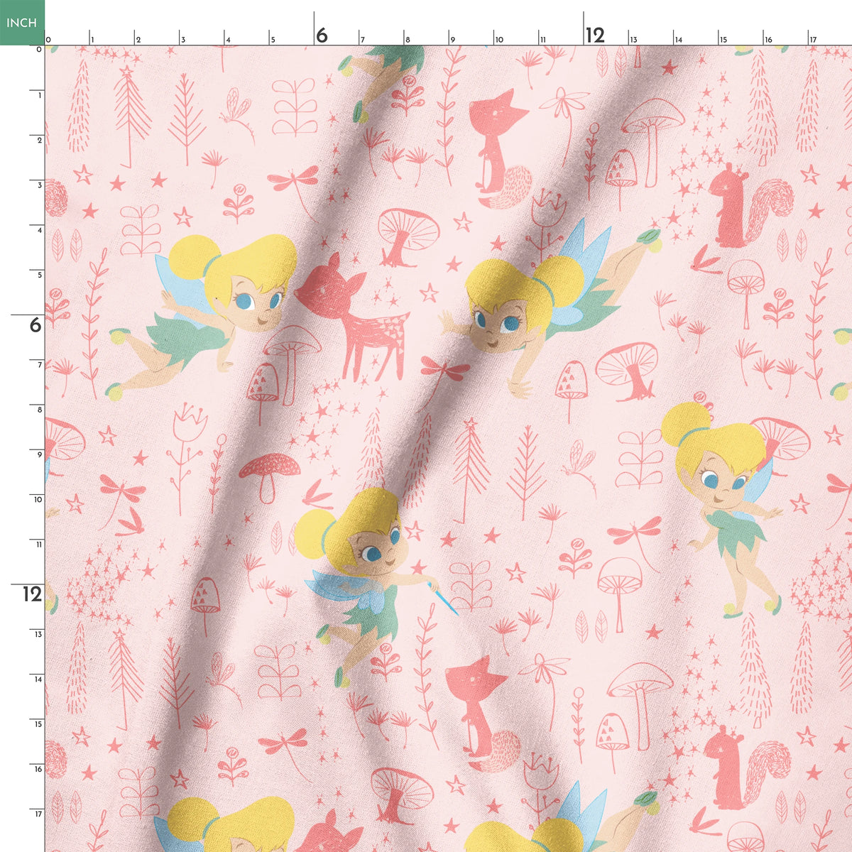 Pink whimsical pattern with cartoon fairy characters, forest animals, mushrooms, and plants in pastel colors springs ruler 18x18
