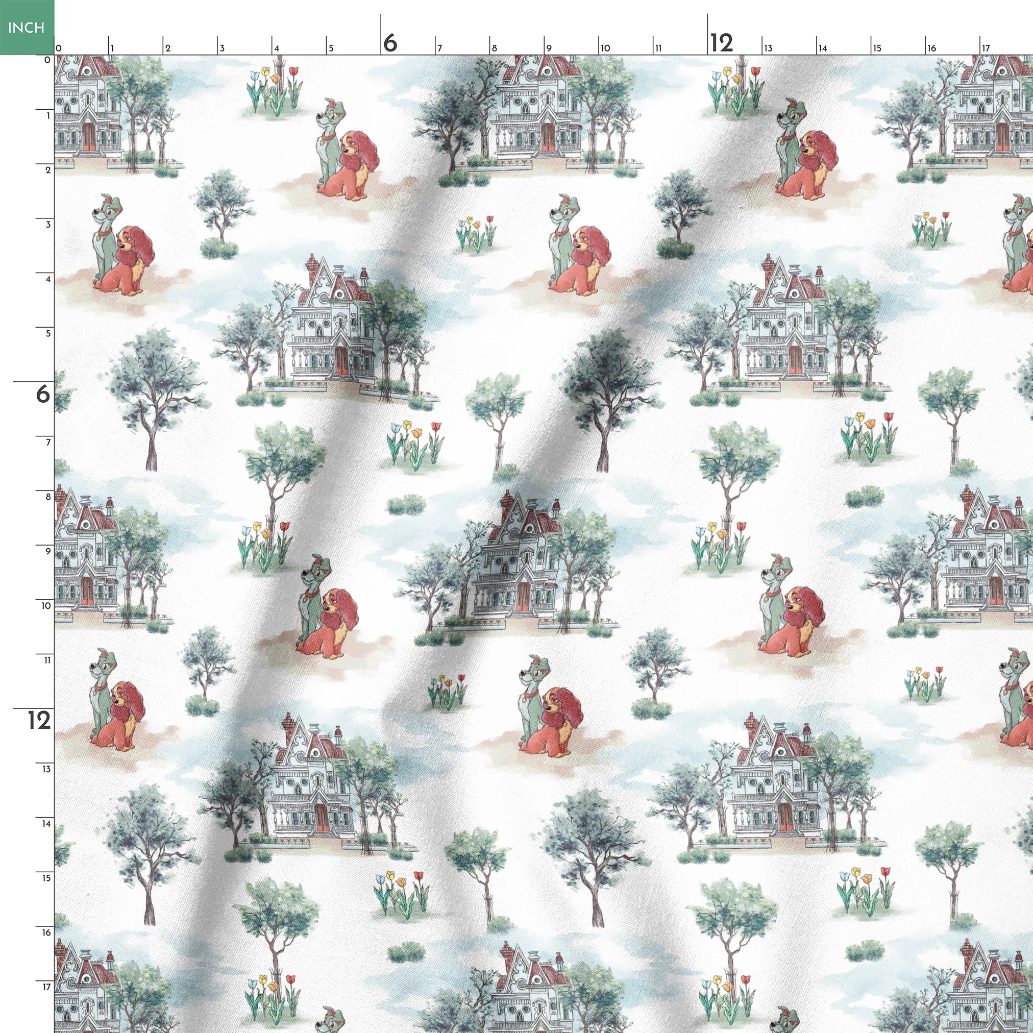 Repeating pattern with Victorian houses, small trees, and cartoon lions with red manes in a soft watercolor style springs ruler 18x18