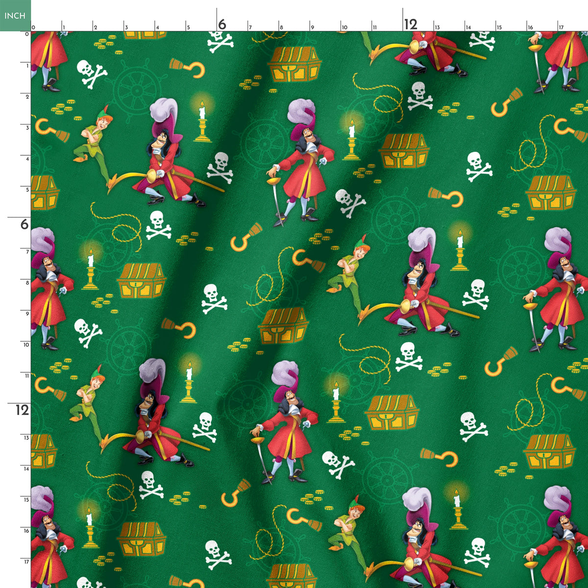 Peter Pan-themed pattern with Captain Hook, treasure chests, skulls, and golden hooks on green background. springs ruler 18x18