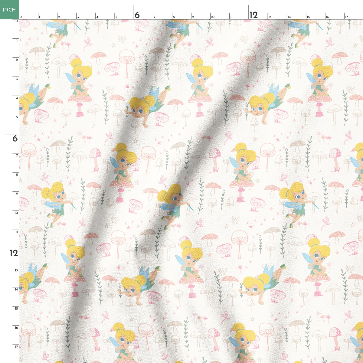 Whimsical pattern with cartoon fairy characters and pink mushrooms against a cream background springs ruler 18x18