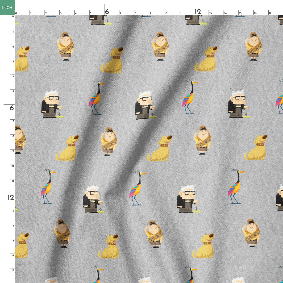 Up pattern with wilderness explorer characters, yellow birds, and colorful details on gray background springs ruler 18x18