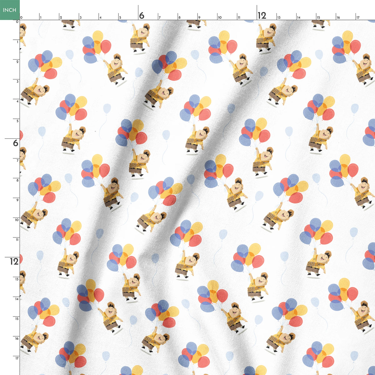 Up's Russell in explorer outfit floating with colorful balloons on white background pattern springs ruler 18x18