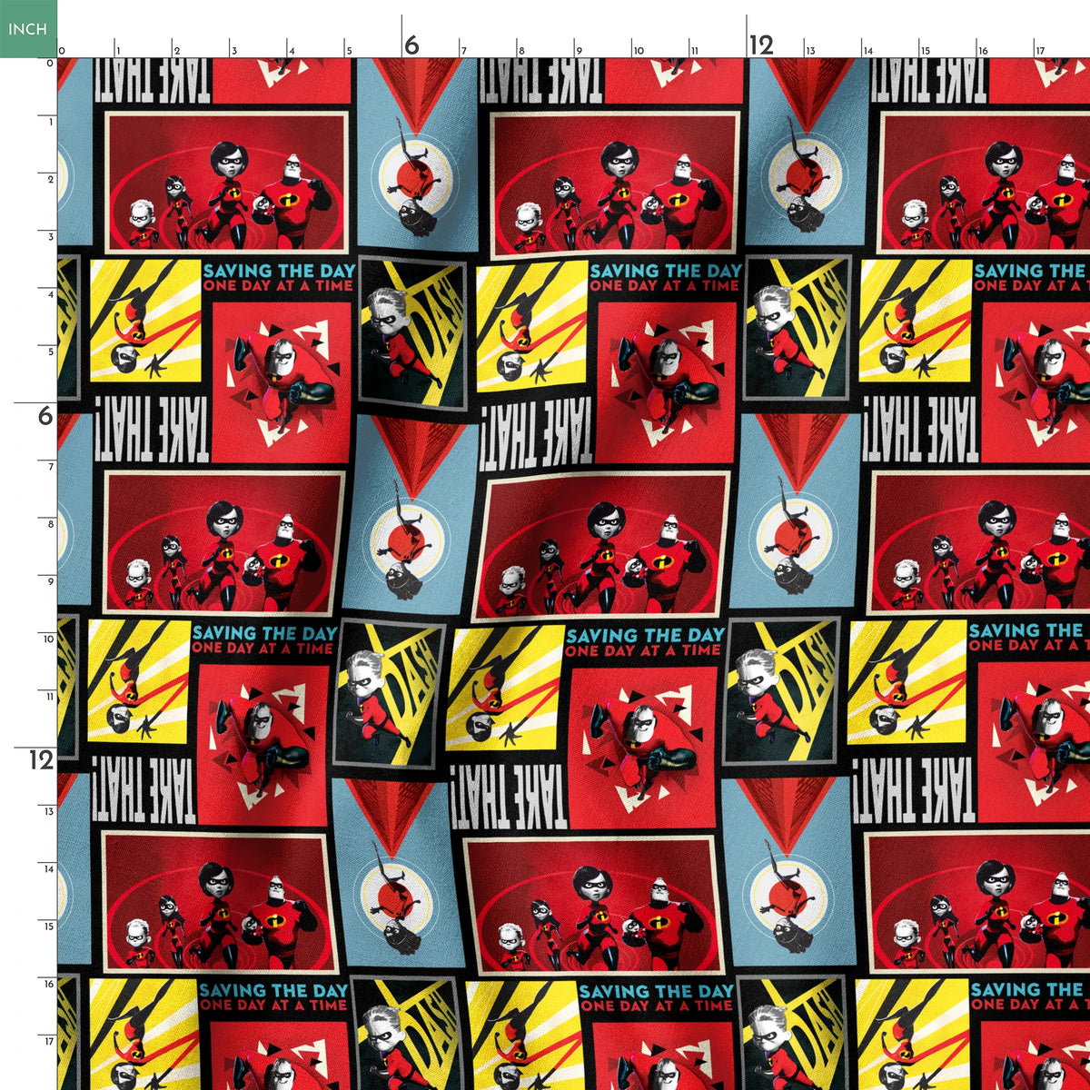 Incredibles superhero family comic style artwork with "Saving the Day One Day at a Time" text springs ruler 18x18
