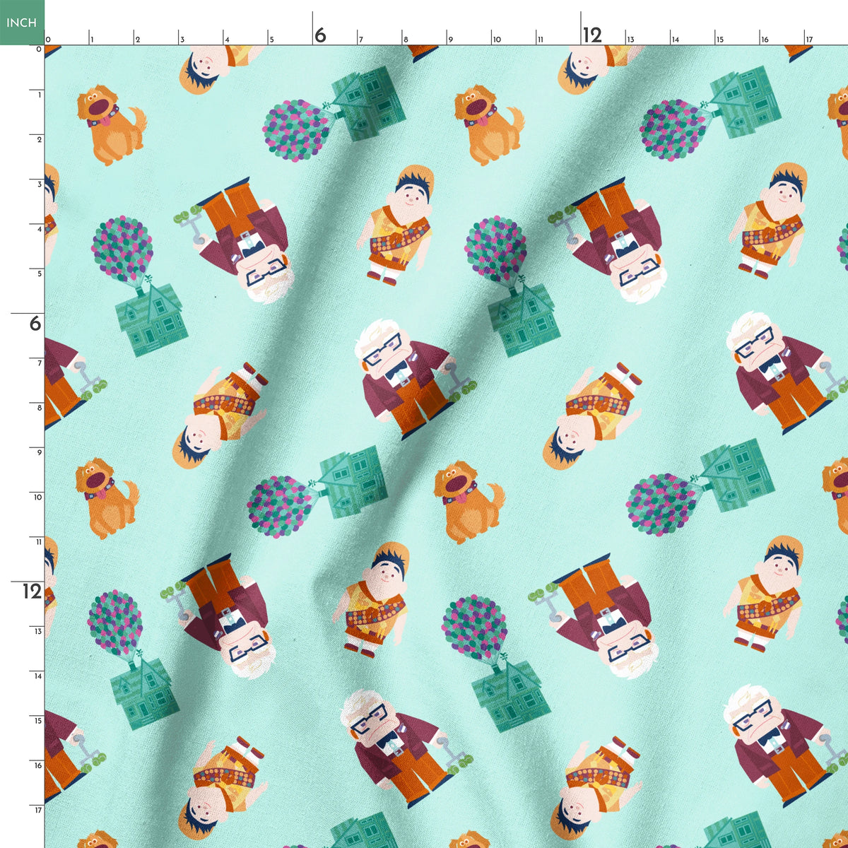 Cartoon pattern on mint background featuring characters from Pixar's "Up" with balloons, houses, and colorful elements springs ruler 18x18