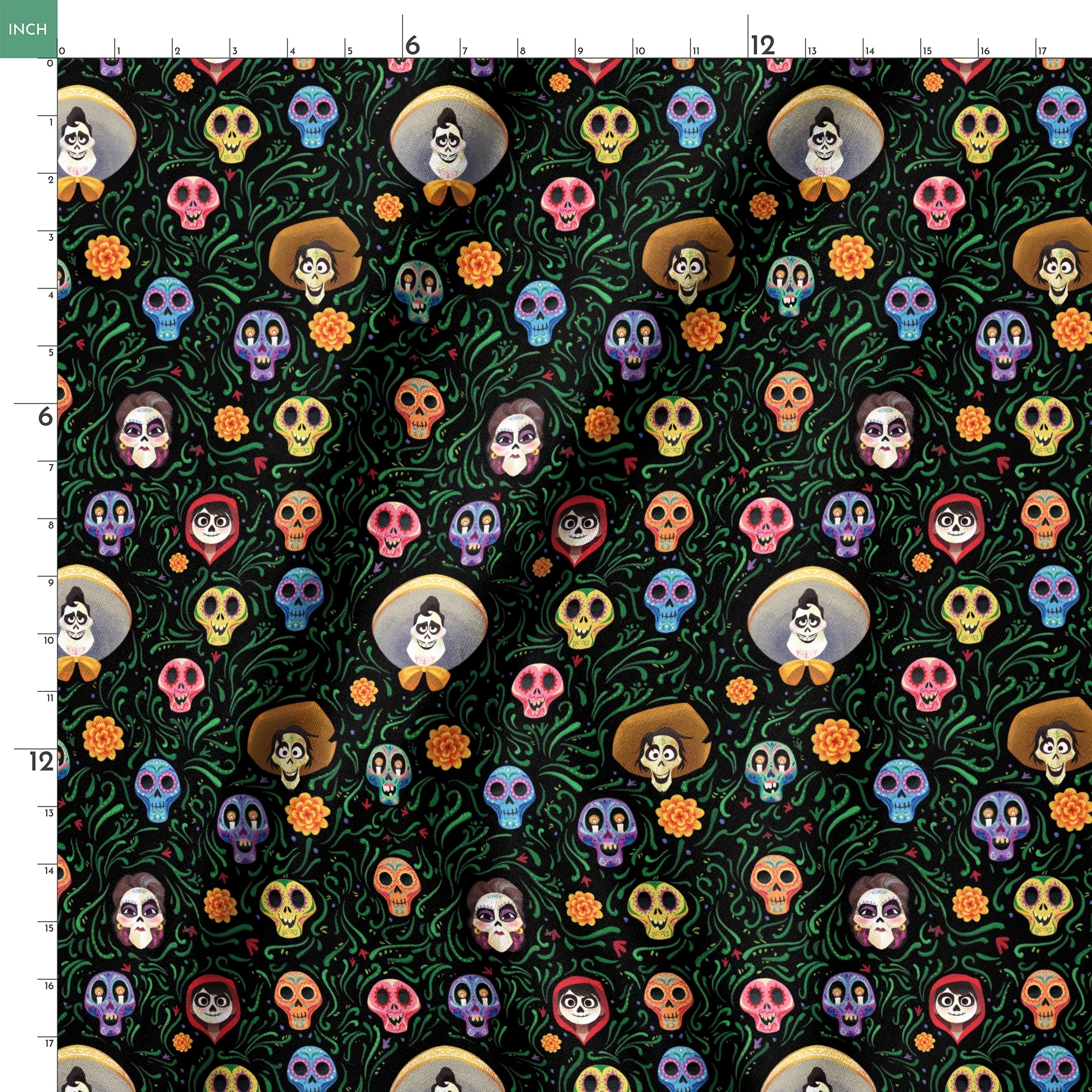 Colorful Coco stylized sugar skulls with sombreros scattered among green vines and orange flowers on black background springs ruler 18x18