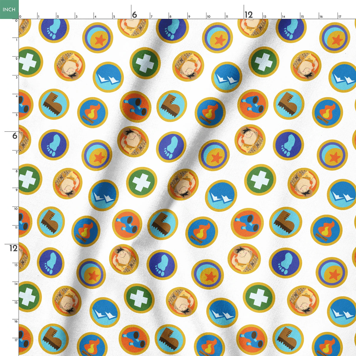 Colorful Up-inspired circular badges with outdoor adventure symbols including footprint, star, first aid cross, boots, and hiking equipment. springs ruler 18x18