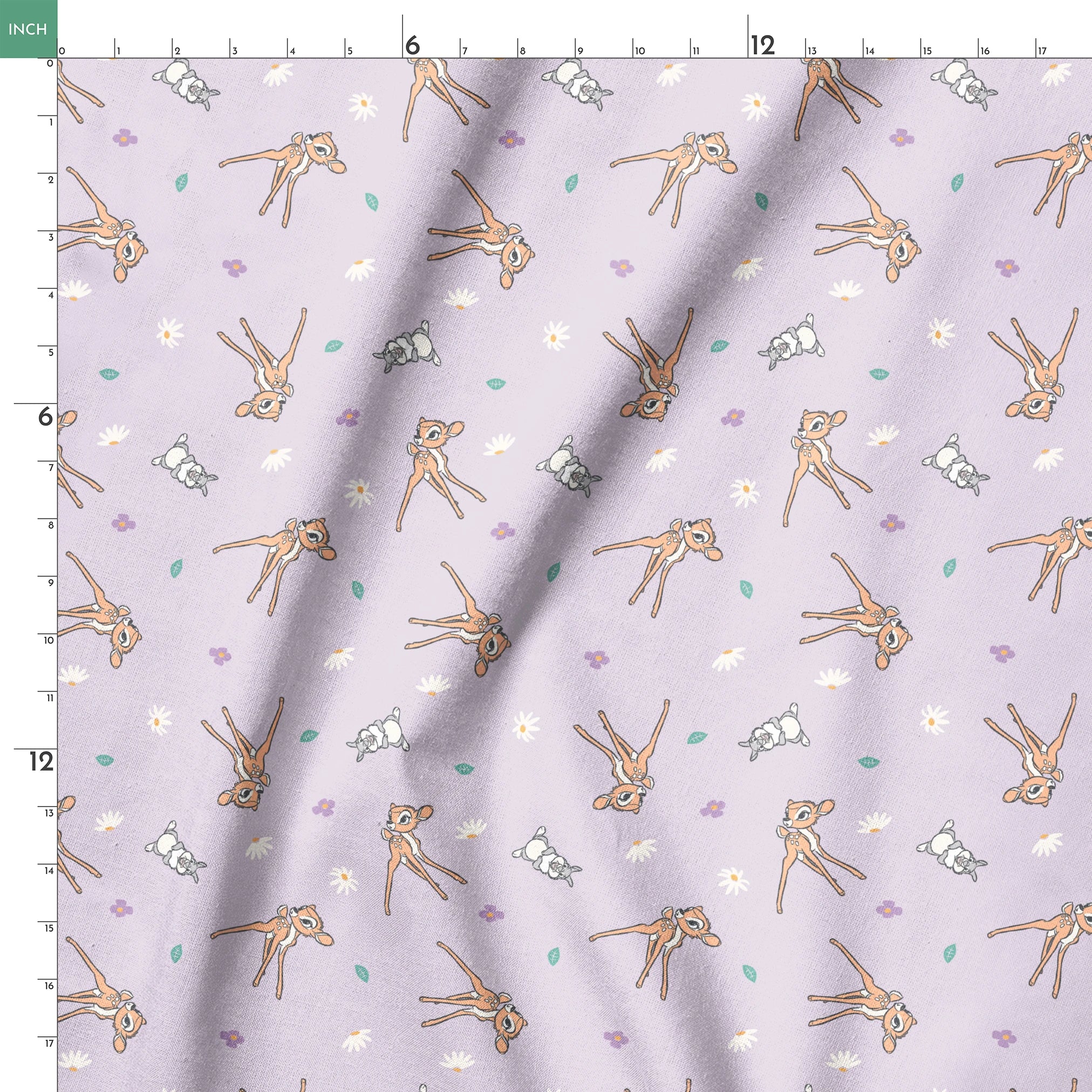 Seamless pattern of cartoon deer and bunnies with daisies and small flowers on lavender background springs ruler 18x18