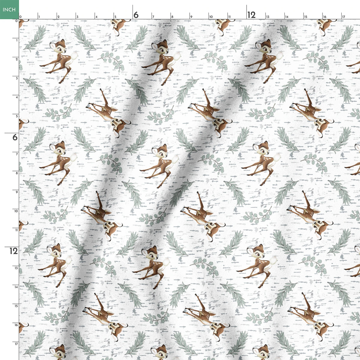 Disney’s Bambi surrounded by sage green sprigs, leafy branches, and birch bark textures on a white background in a woodland-themed scattered repeat. springs ruler 18x18