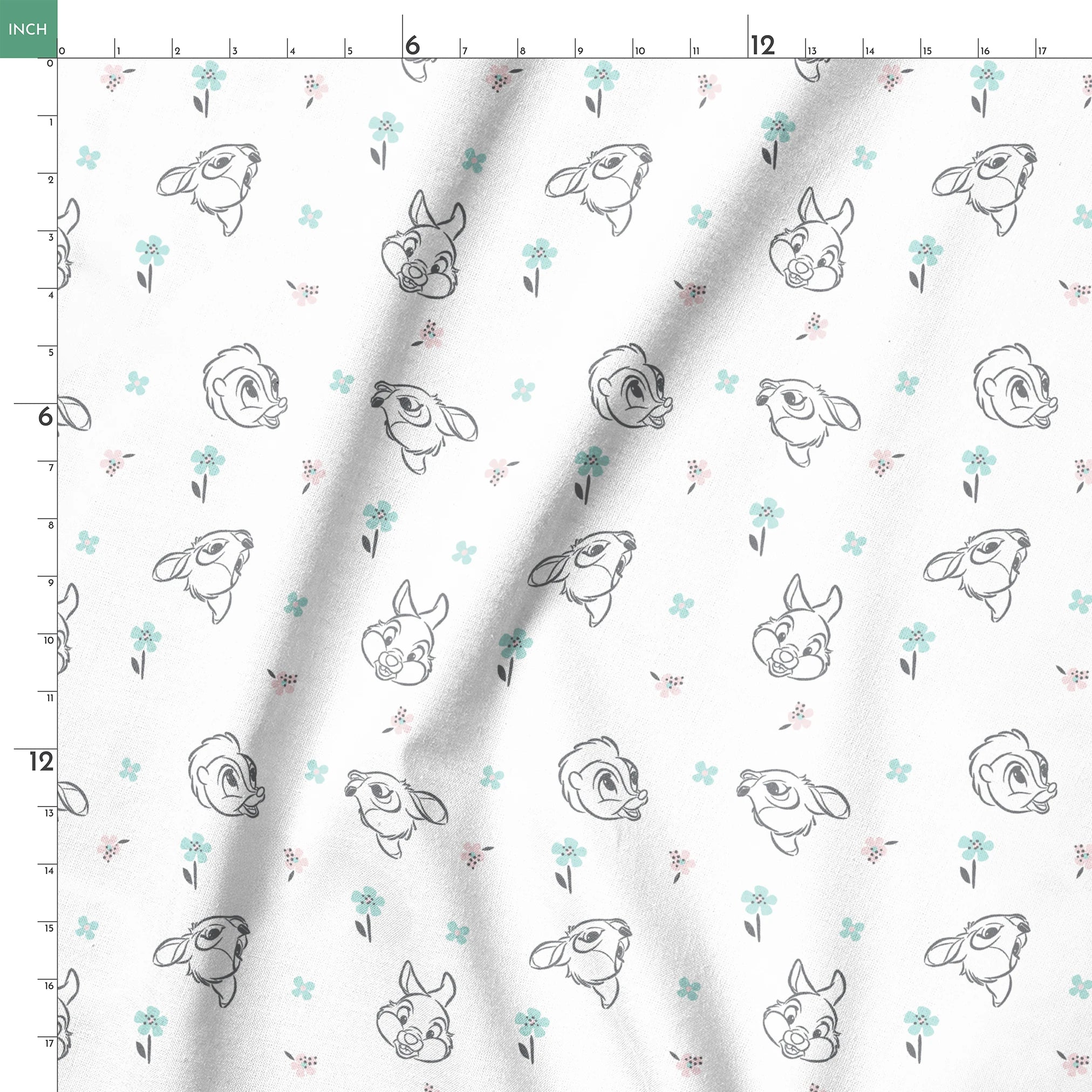 Sketch-style animals from Disney Bambi with pastel flowers on a white background. springs ruler 18x18