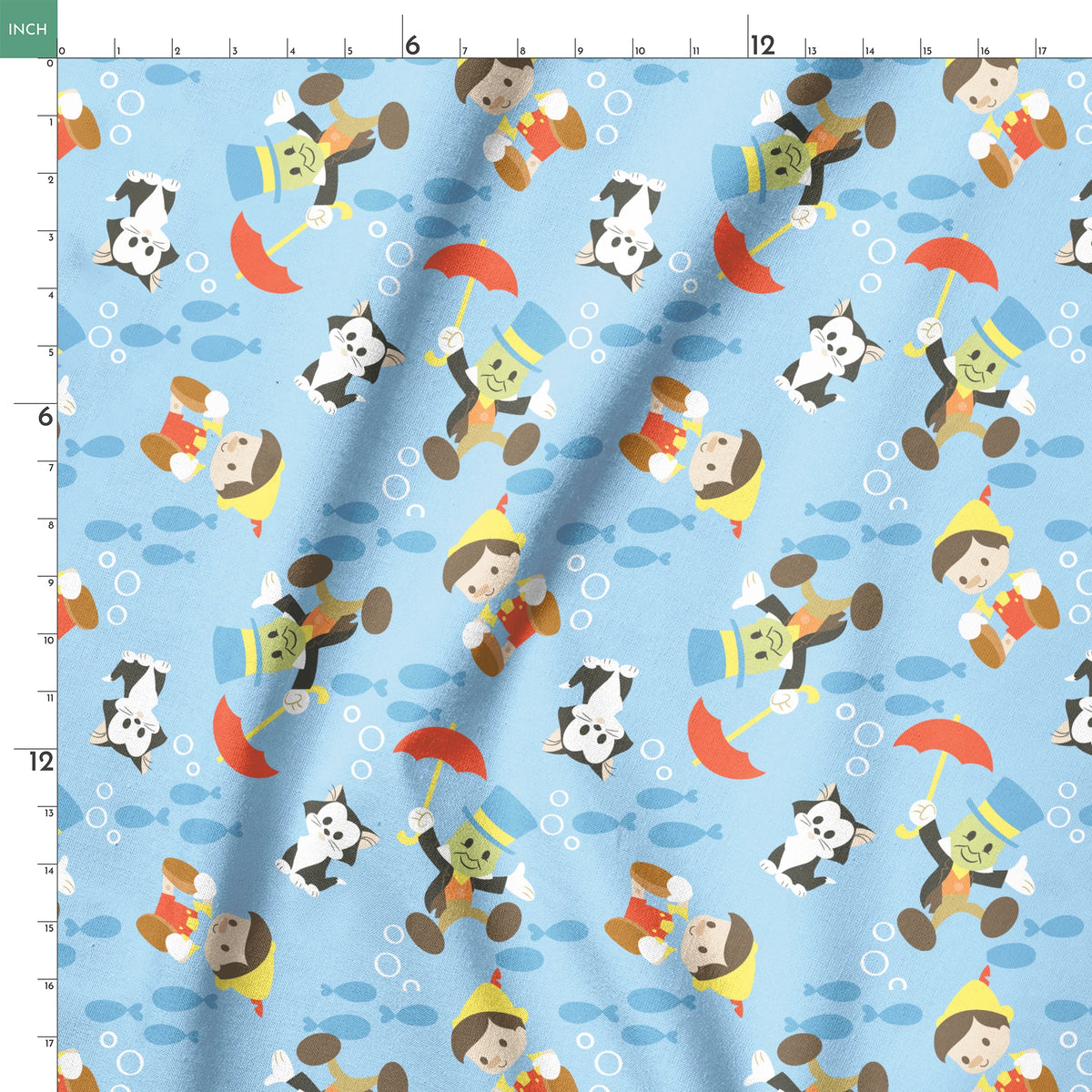 Cartoon animals swimming underwater with fish, bubbles, and snorkeling gear on blue background springs ruler 18x18
