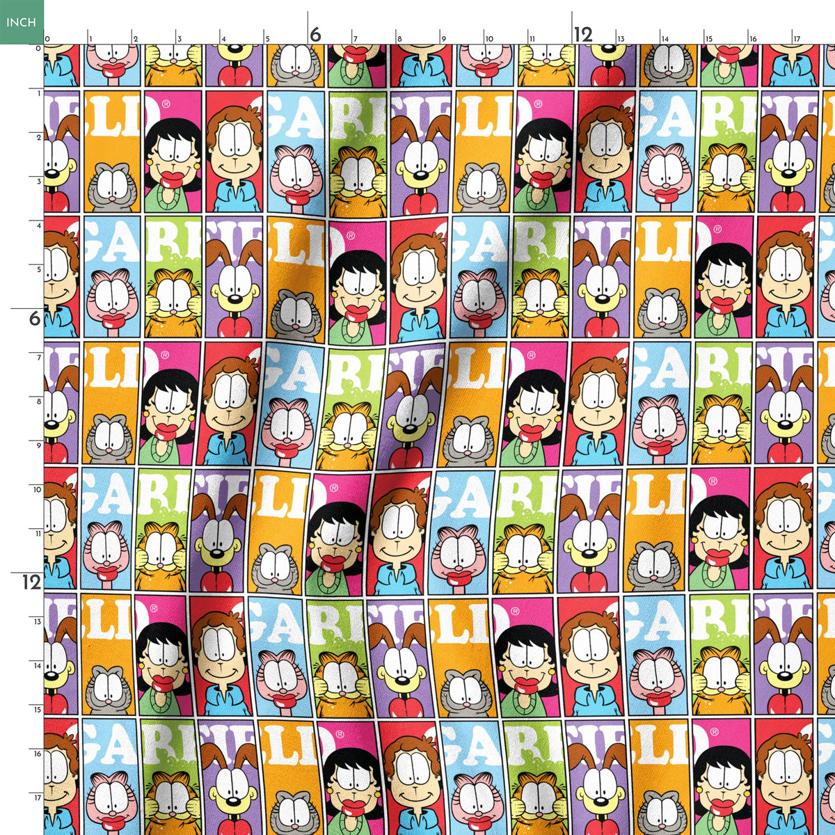 Colorful comic grid pattern with Garfield characters and letters arranged in repeating squares springs ruler 18x18