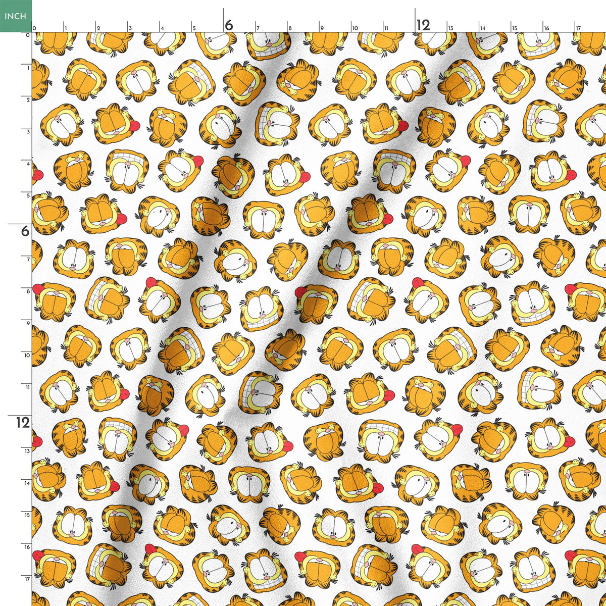 Pattern of cartoon cat faces with orange and yellow coloring against white background springs ruler 18x18