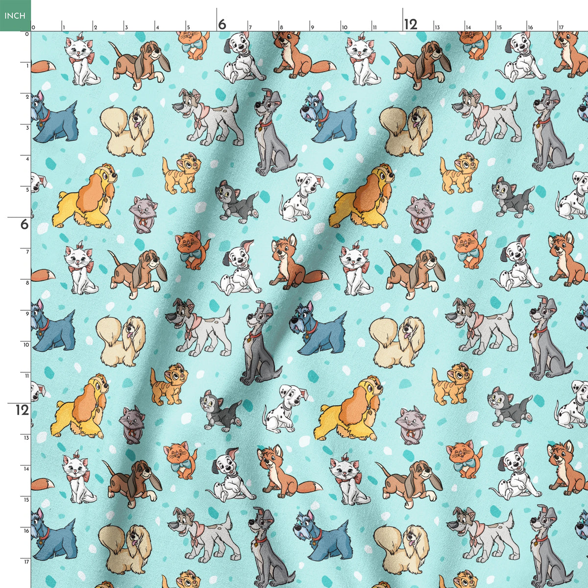 Cartoon-style Disney dogs and cats on a light blue background with scattered spots. springs ruler 18x18