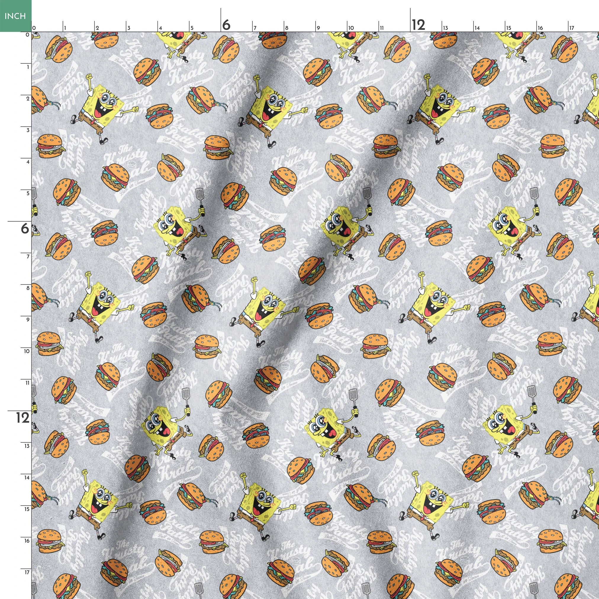 SpongeBob surrounded by Krabby Patties, spatulas, and “The Krusty Krab” text on a heather gray background in a playful cartoon-style design. springs ruler 18x18