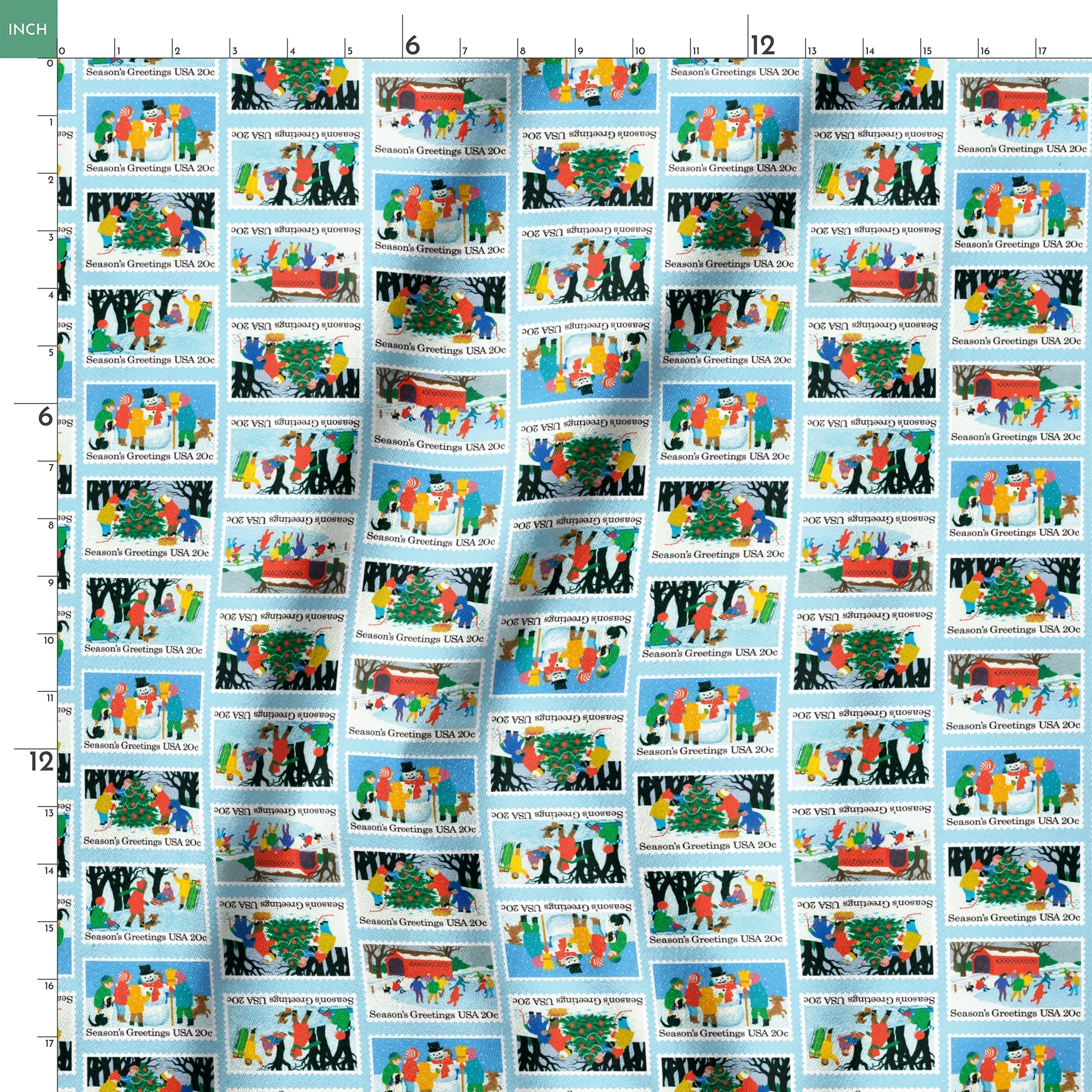 USPS Scenic Season's Greetings Stamps on Blue Fabric