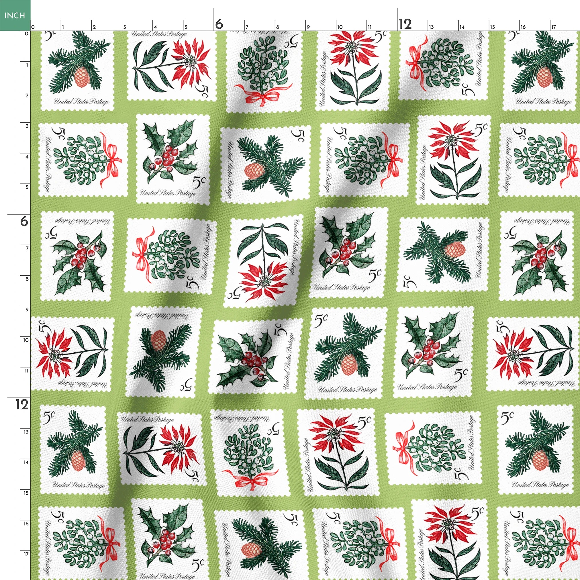 USPS Holiday Botanicals Stamp Collage on Green Fabric