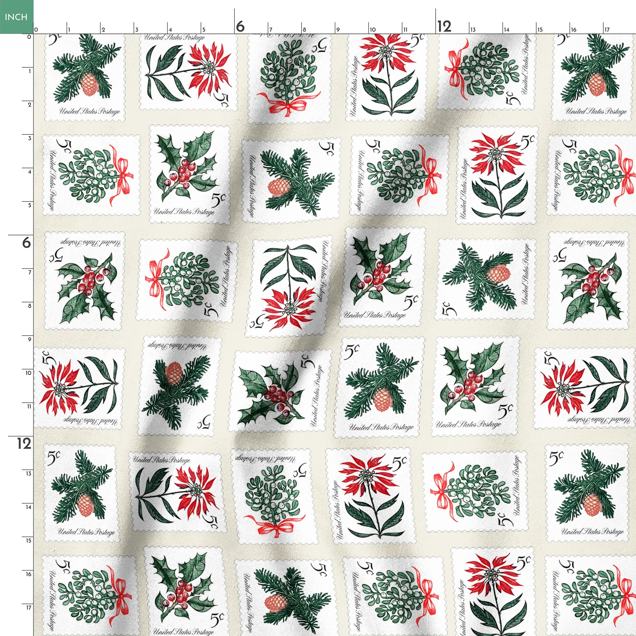 USPS Holiday Botanicals Stamp Collage on Cream Fabric