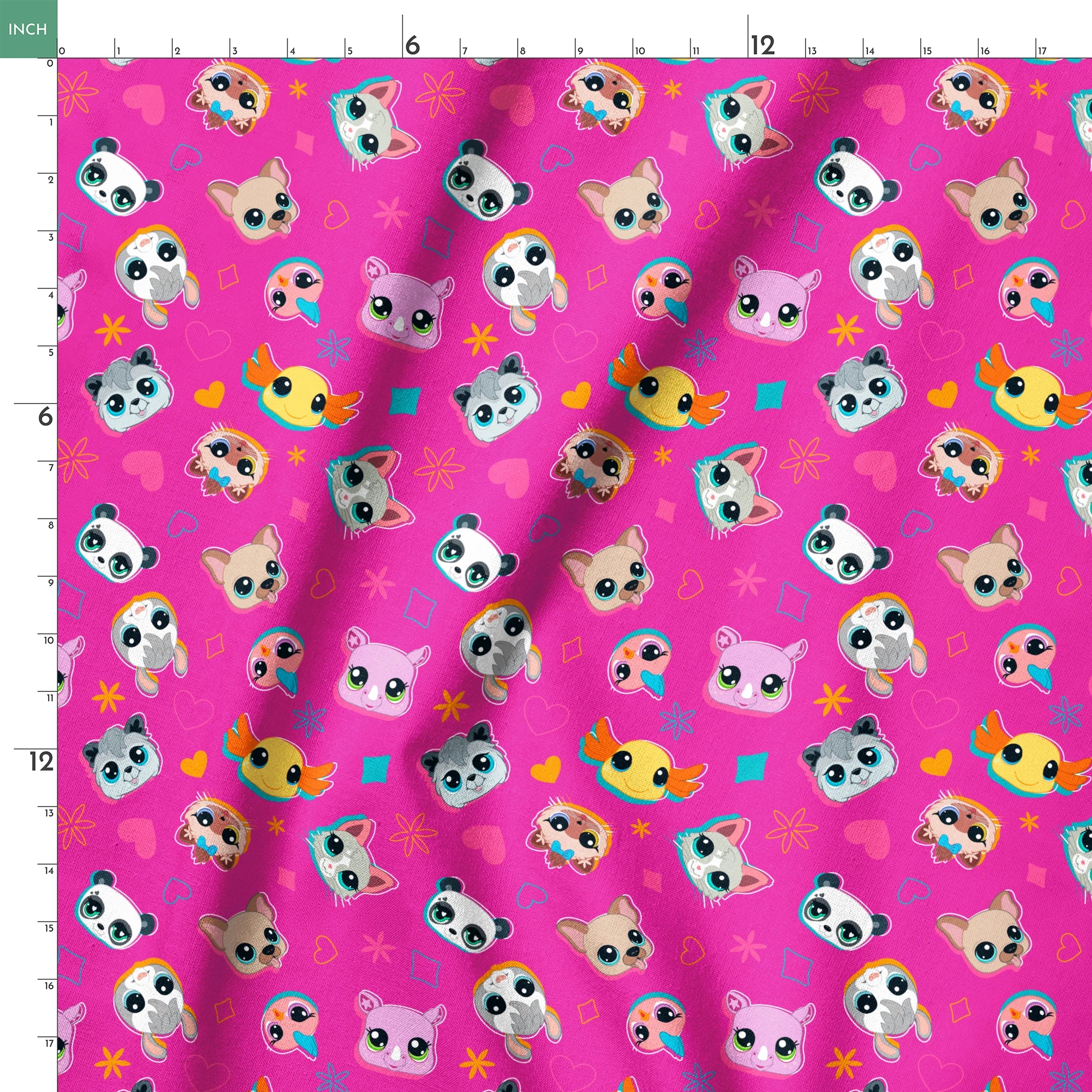 Hasbro Littliest Pet Shop Shapes and Faces on Hot Pink Fabric