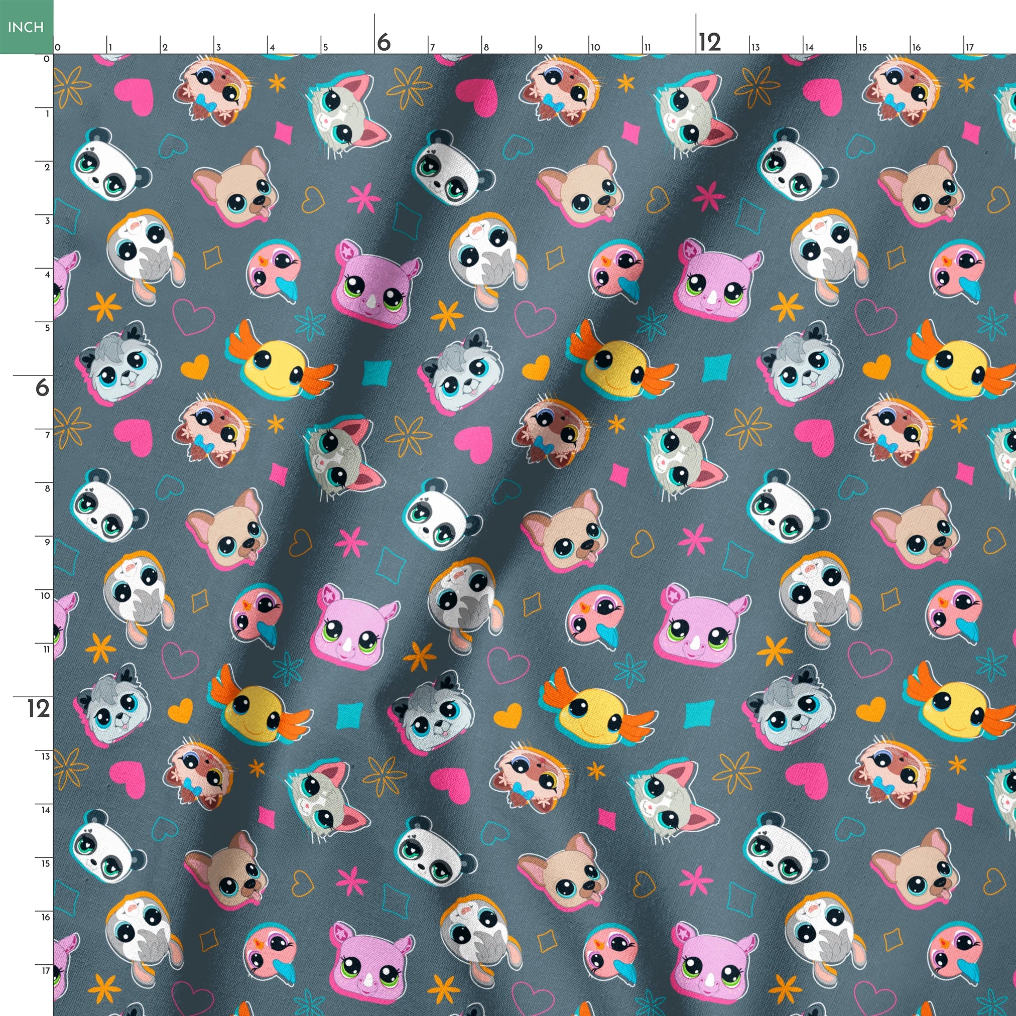 Hasbro Littliest Pet Shop Shapes and Faces on Grey Fabric