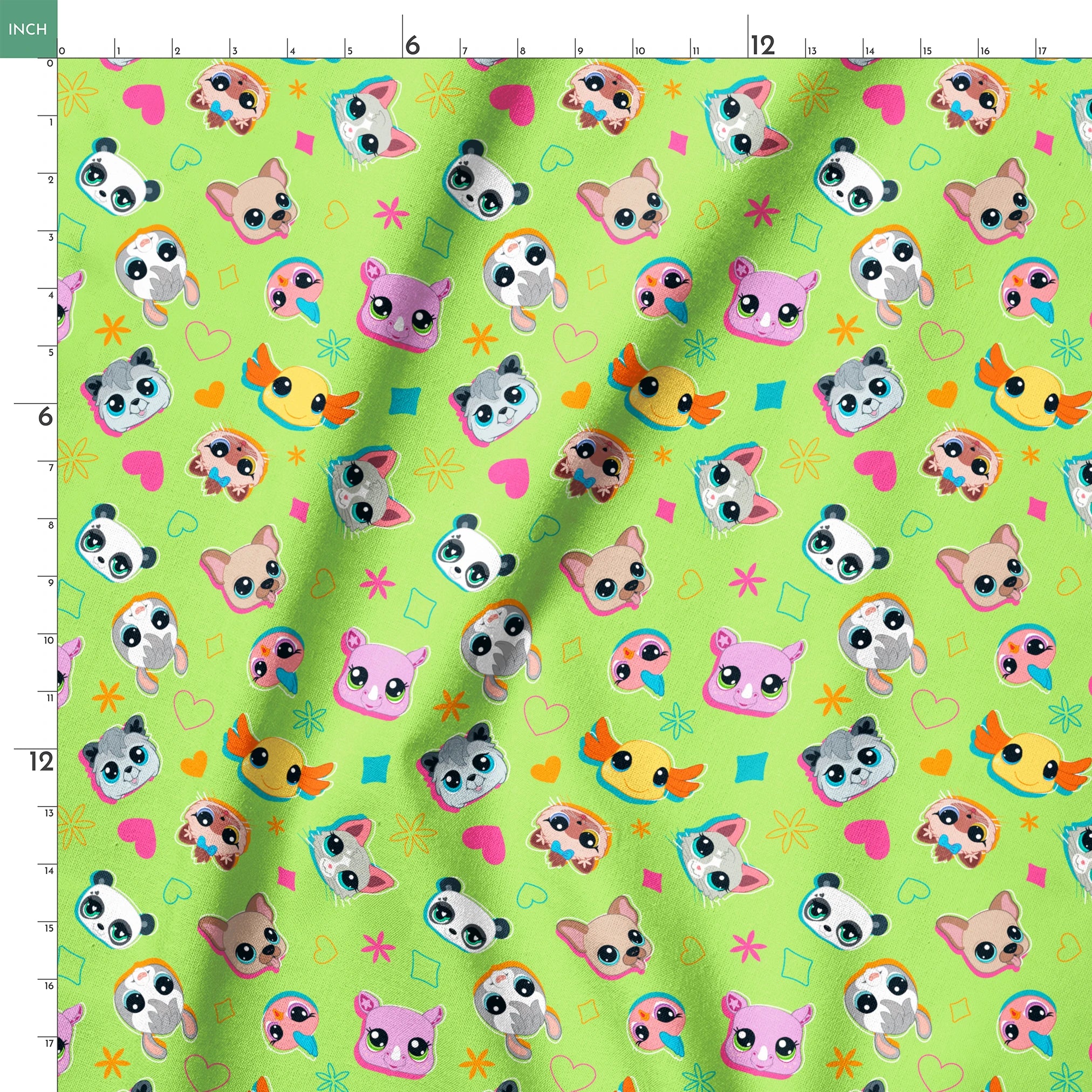 Hasbro Littliest Pet Shop Shapes and Faces on Green Fabric