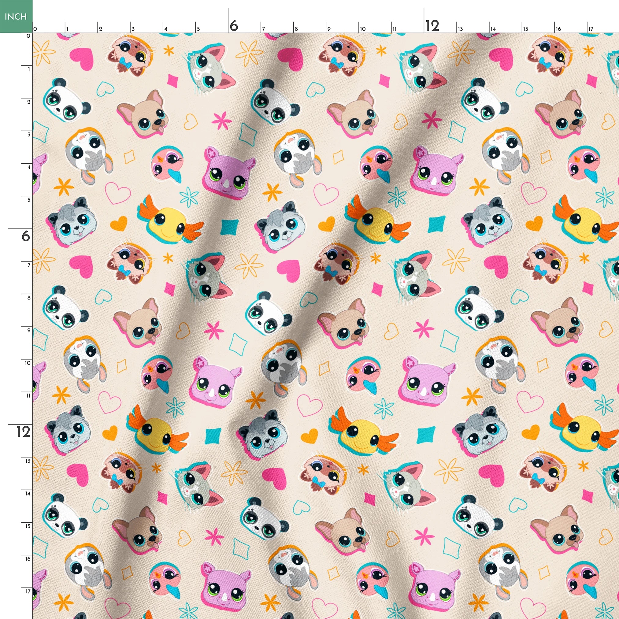 Hasbro Littliest Pet Shop Shapes and Faces on Beige Fabric