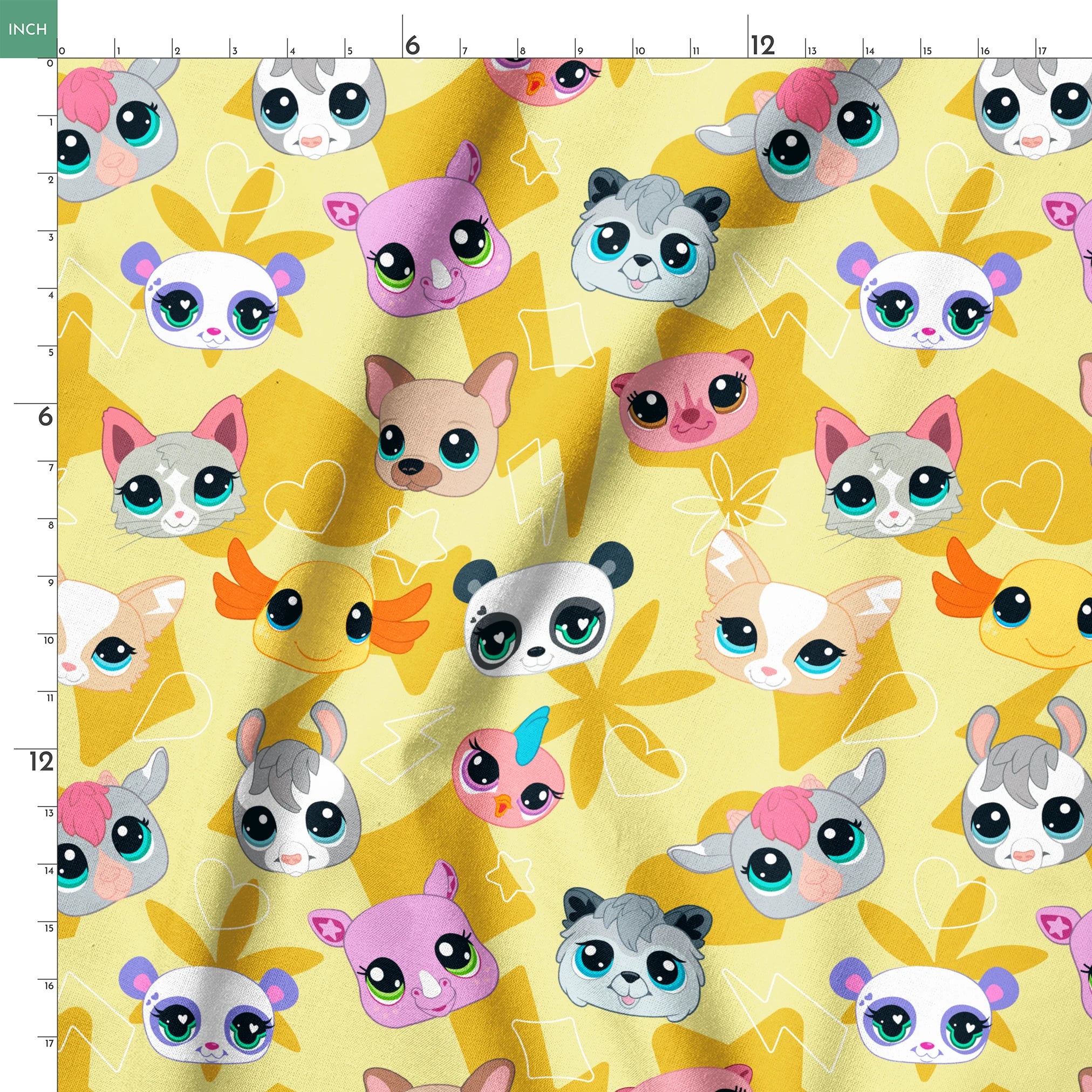 Hasbro Littliest Pet Shop Cute Faces Toss on Yellow Fabric
