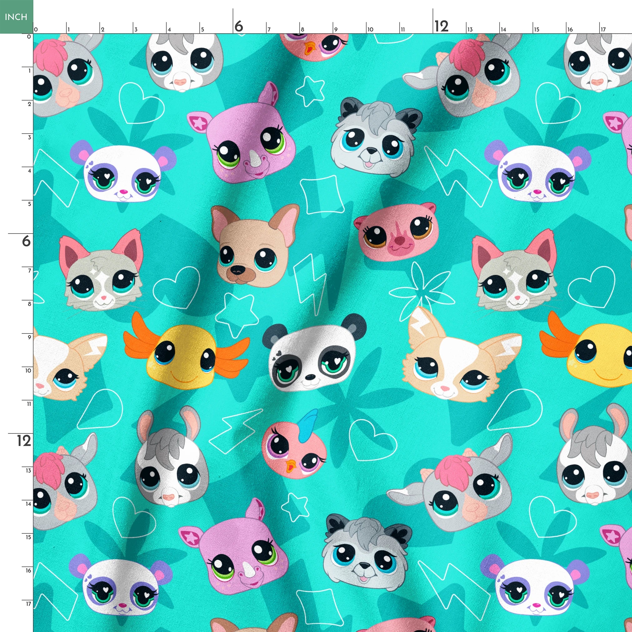 Hasbro Littliest Pet Shop Cute Faces Toss on Teal Fabric