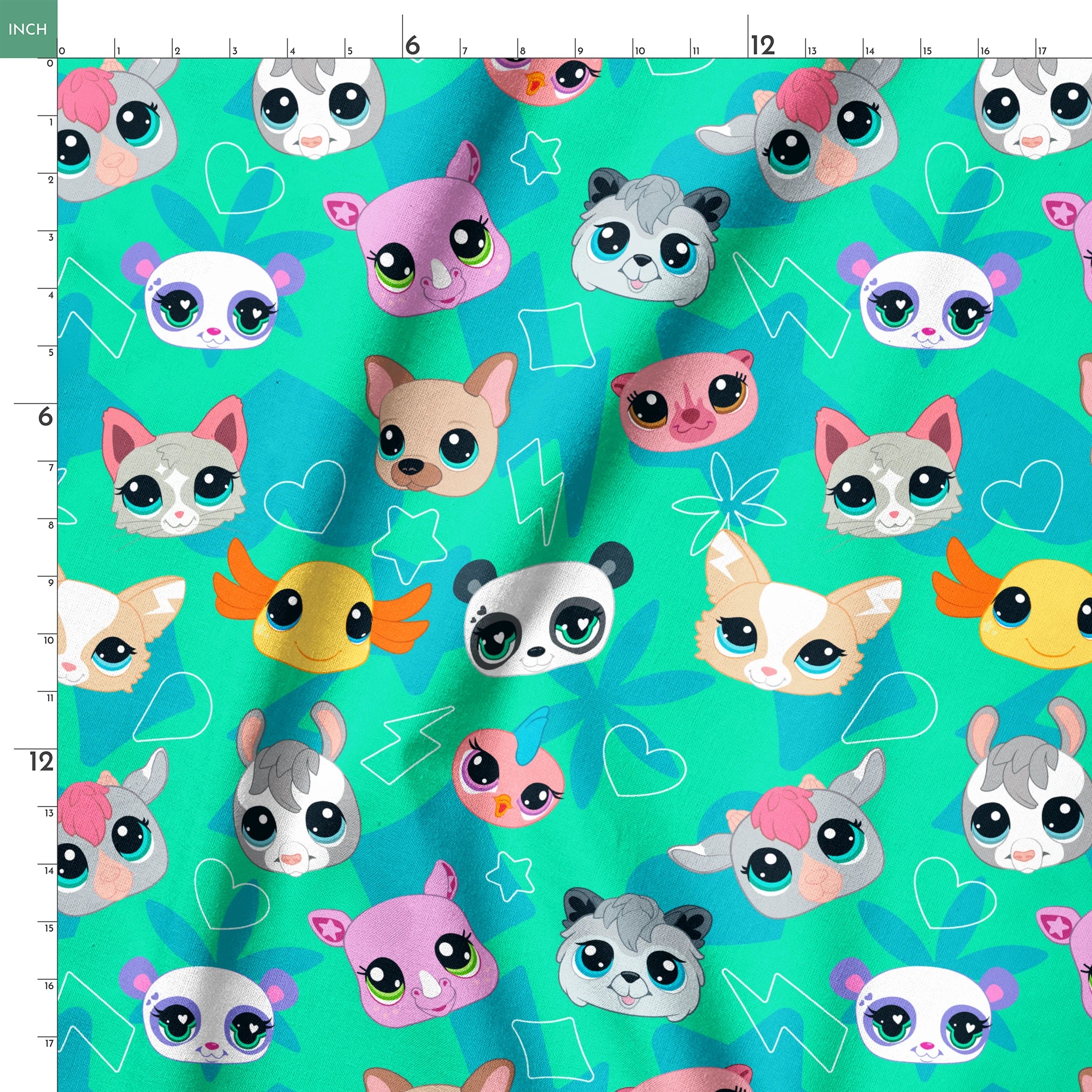 Hasbro Littliest Pet Shop Cute Faces Toss on Seafoam Green Fabric