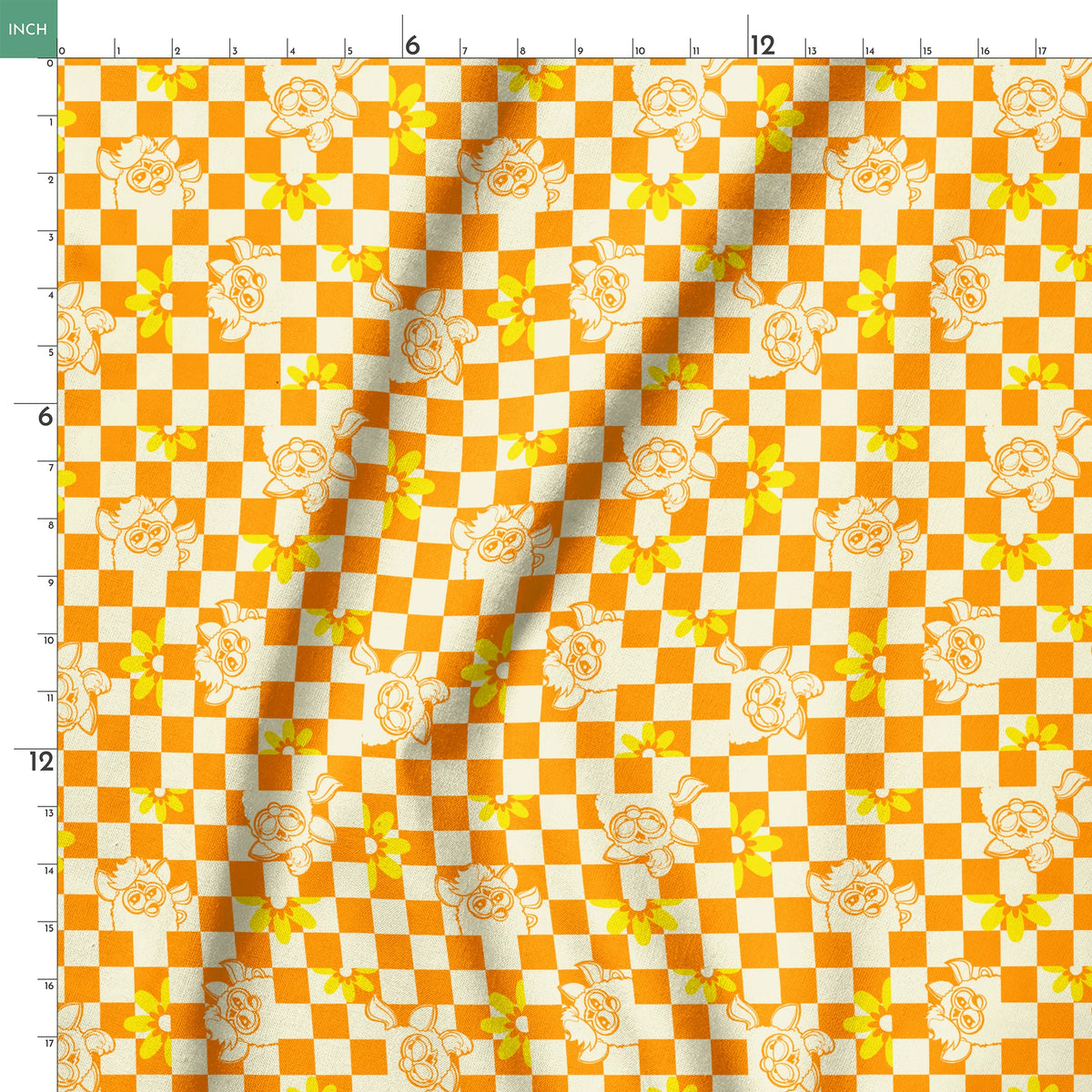 Hasbro Furby Checkered Flowers on Orange Fabric