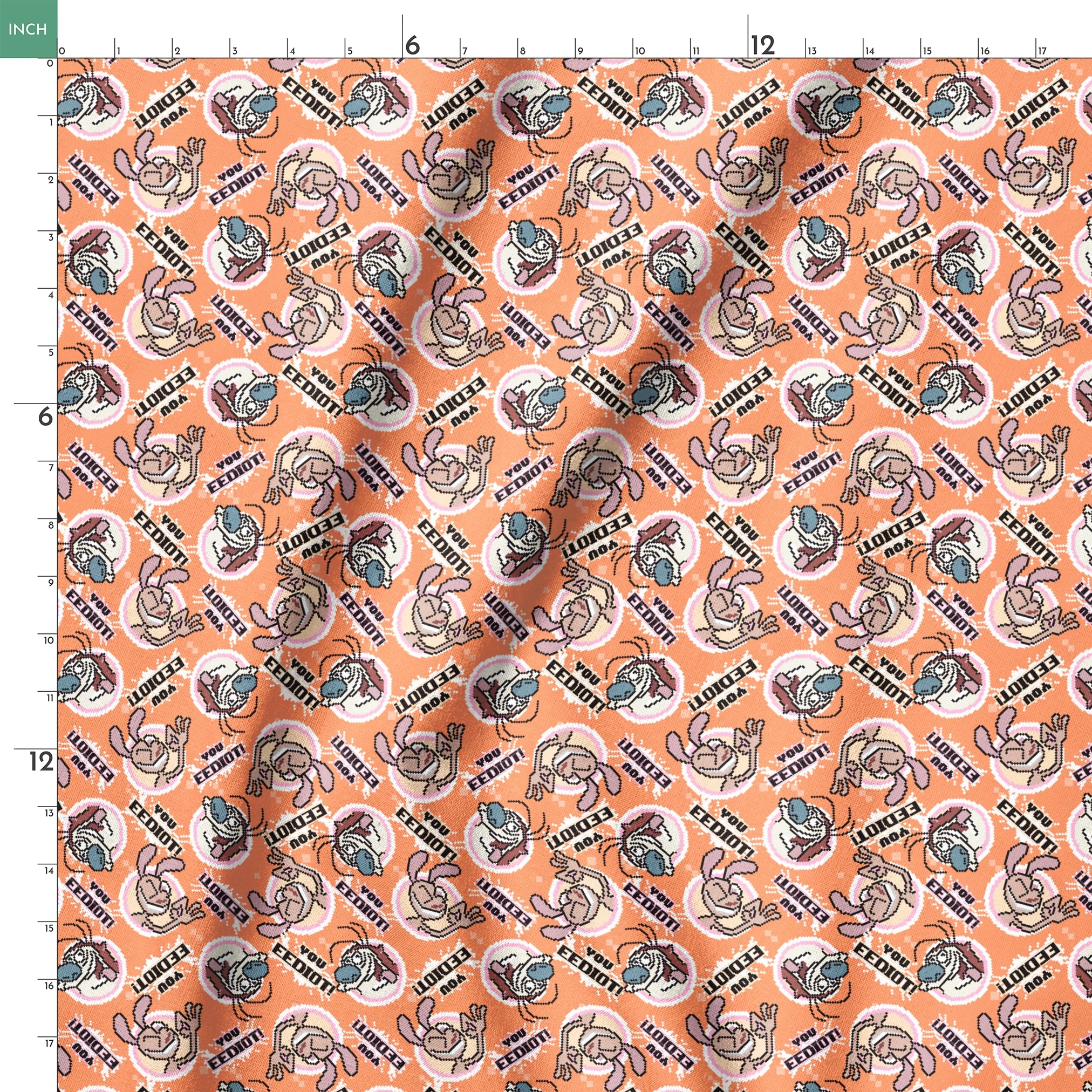 Ren & Stimpy EEDIOT! Pixels on Orange Fabric