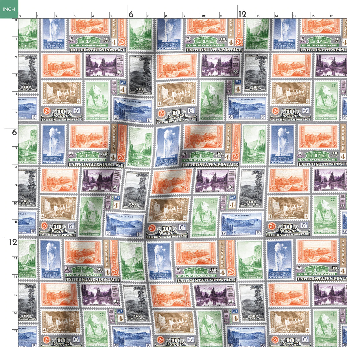 USPS National Park Stamps on Gray Fabric