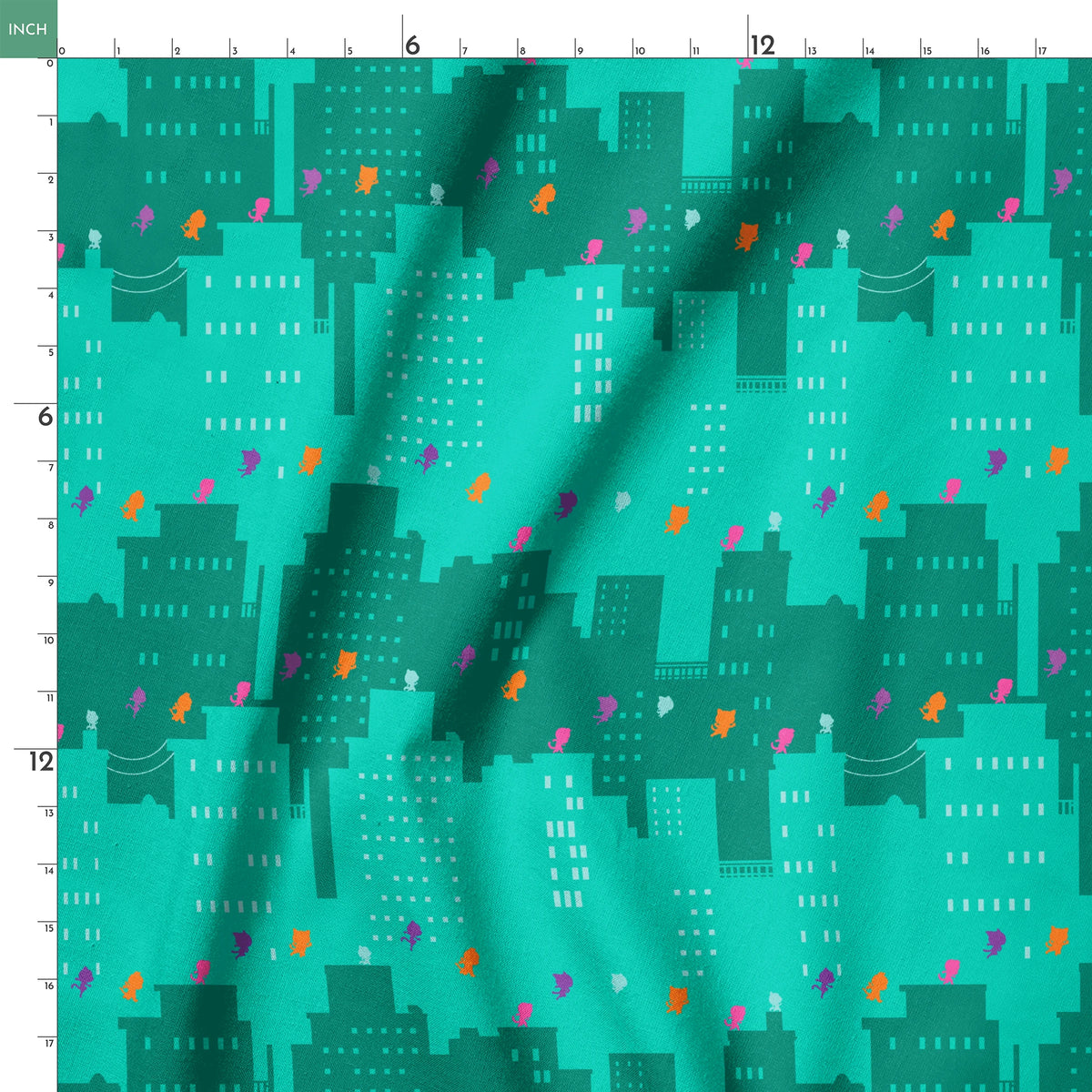 Disney Jr's. SuperKitties Super Skyline on Teal Fabric