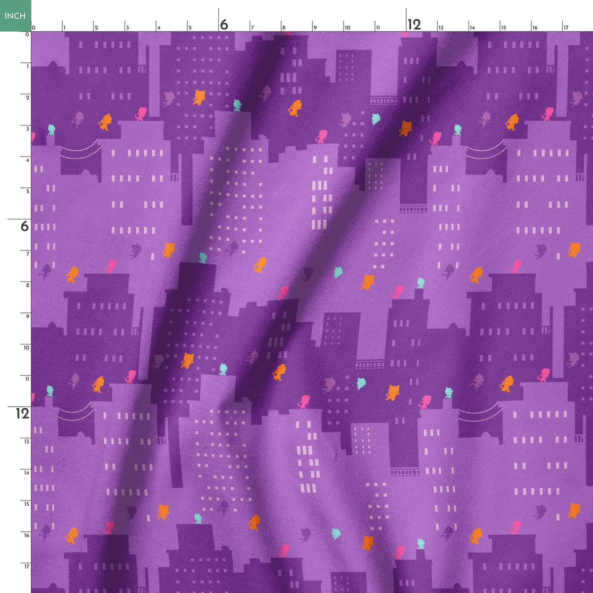 Disney Jr's. SuperKitties Super Skyline on Purple Fabric