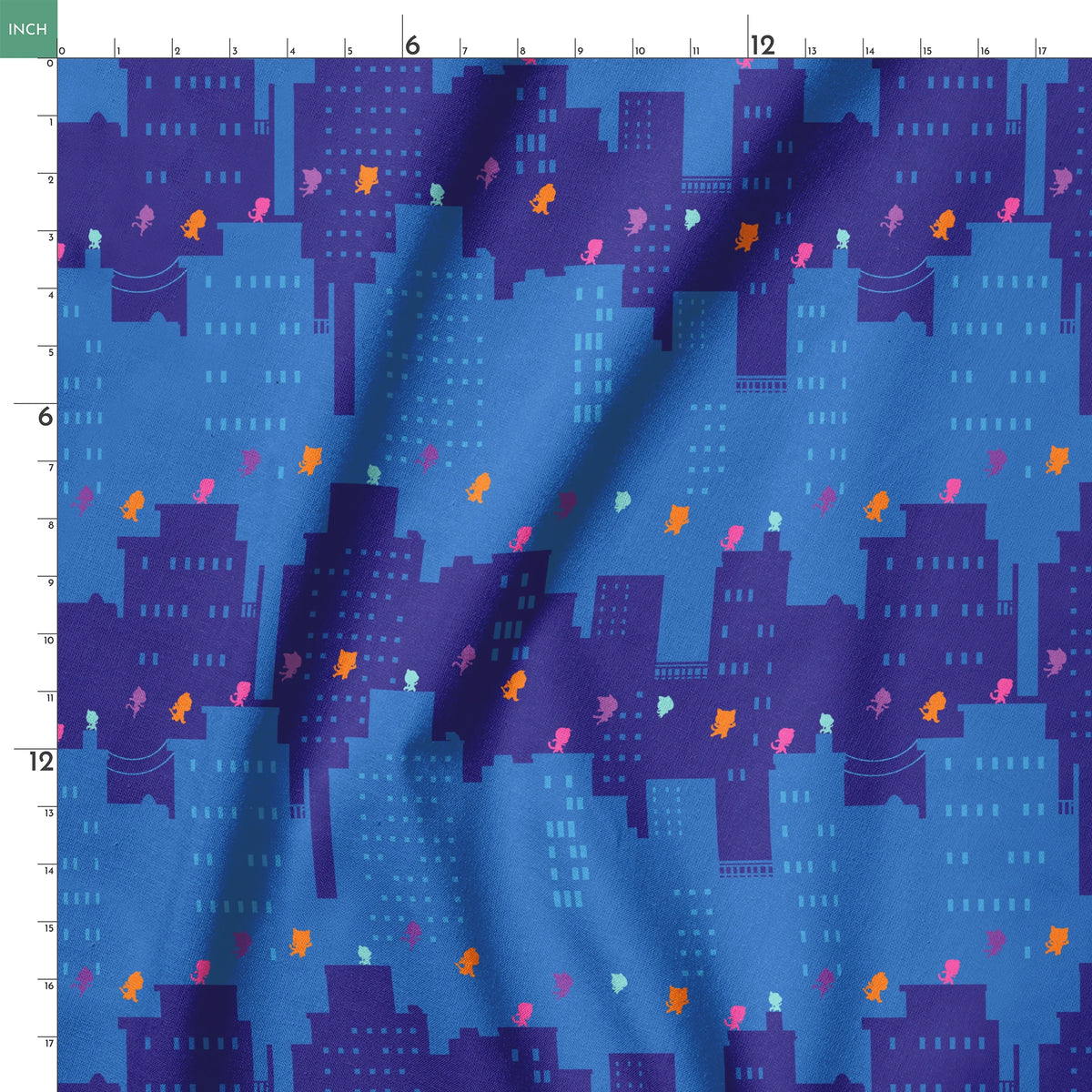 Disney Jr's. SuperKitties Super Skyline on Blue Fabric